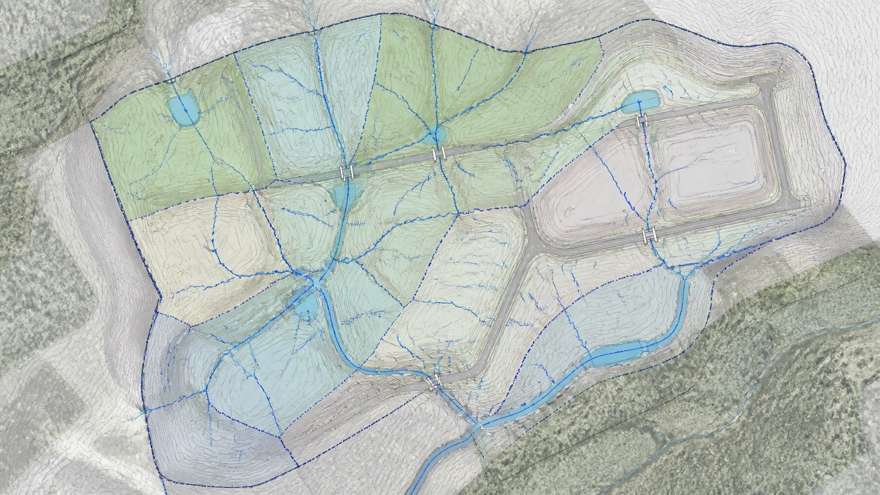 Technical stormwater drainage model showing watershed boundaries, flow paths, contours, and culvert alignment