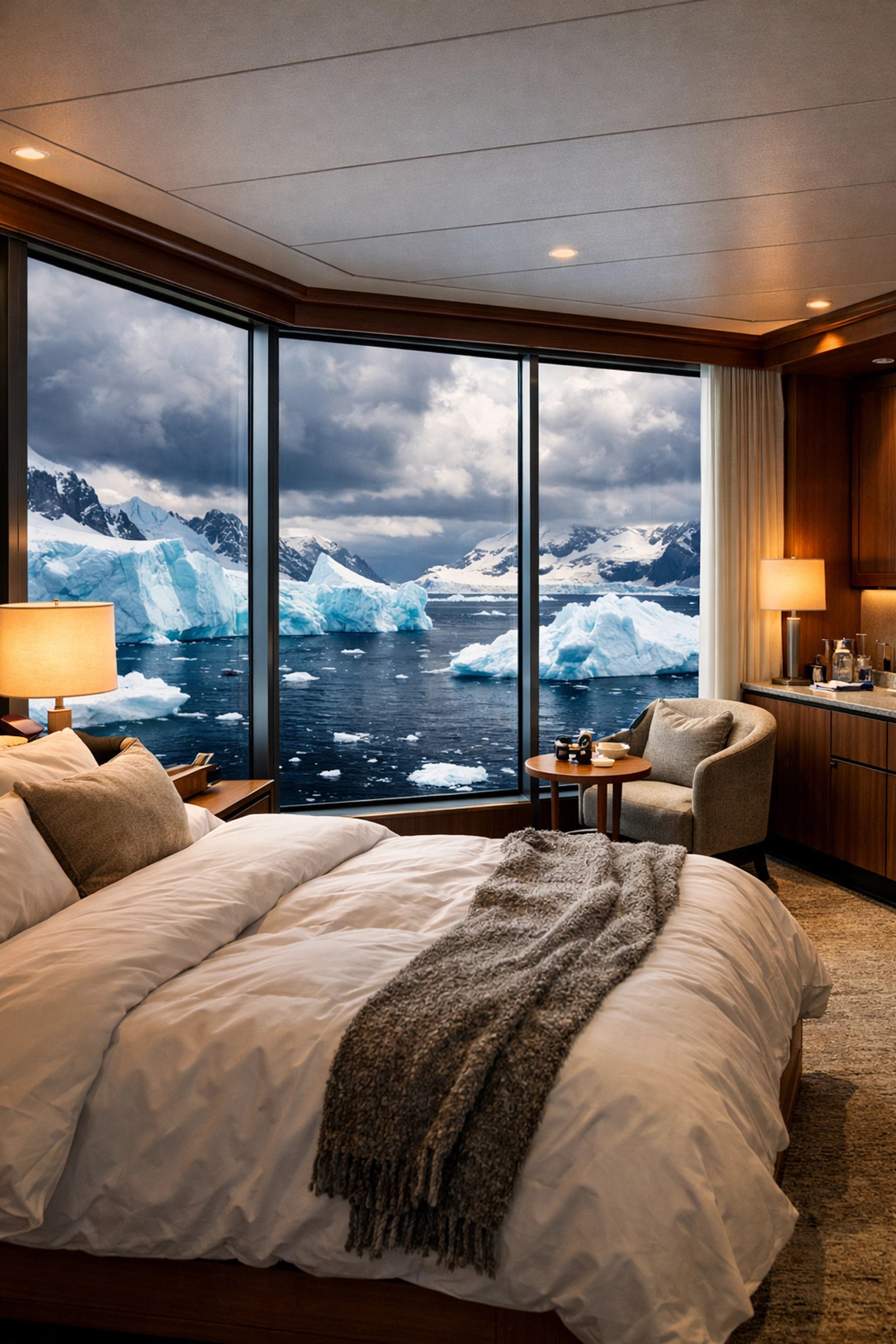 Luxury expedition cruise cabin with panoramic windows overlooking Antarctic icebergs