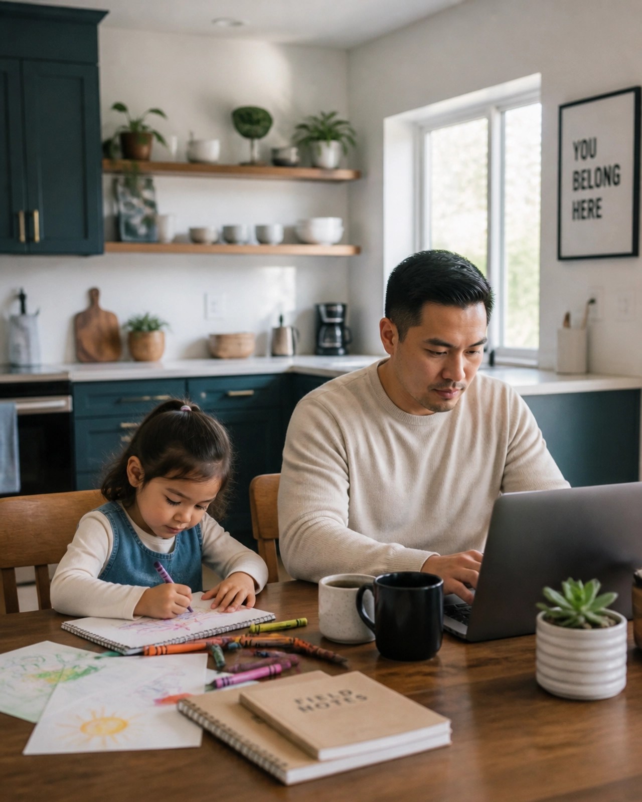 A father balancing work and study time with family presence