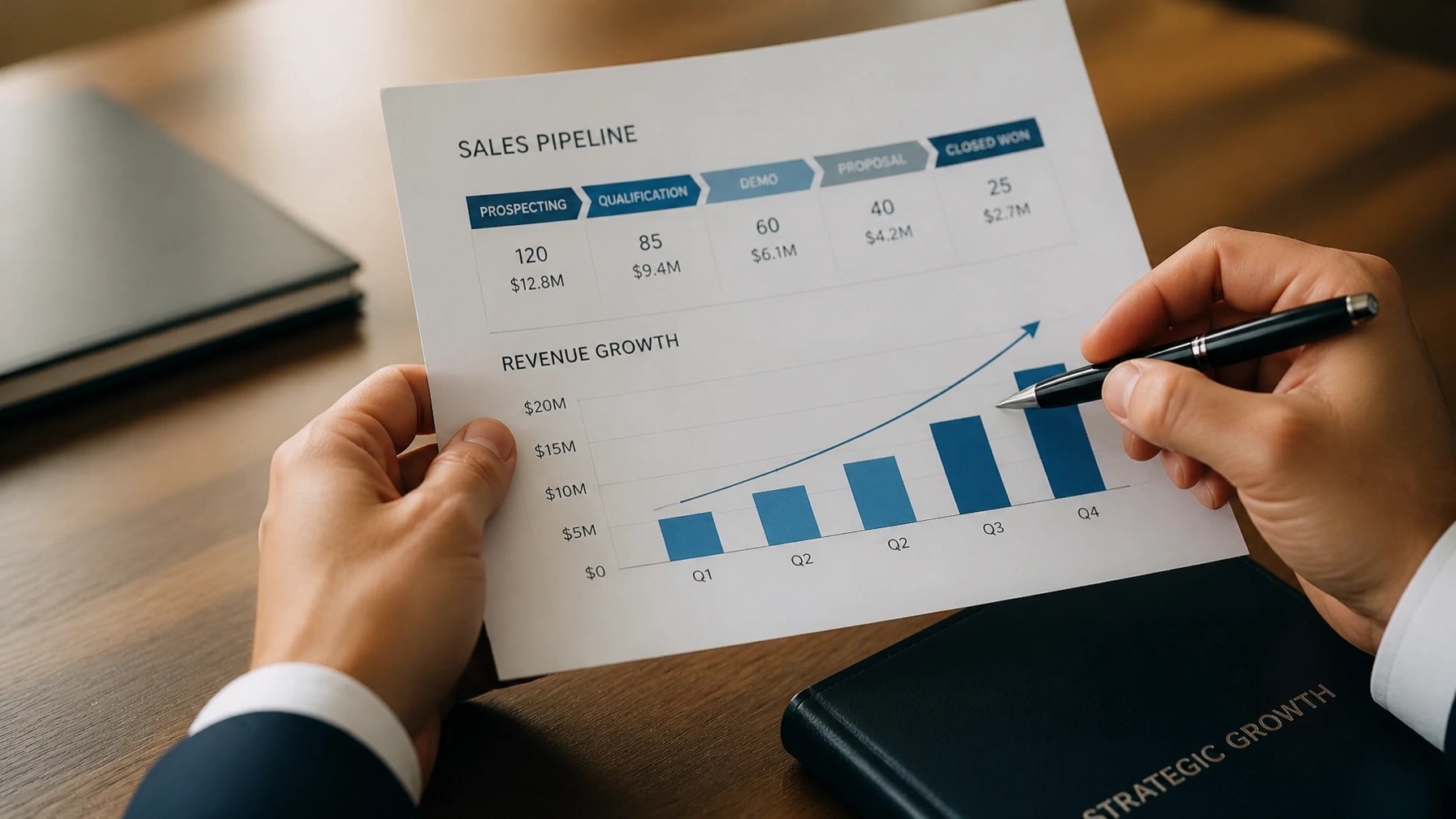 Hands reviewing revenue growth and pipeline documents
