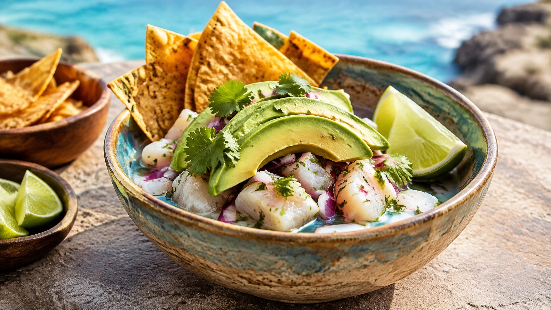 Fresh Baja-style ceviche with lime, herbs, and tortilla chips, ready for a coastal lunch