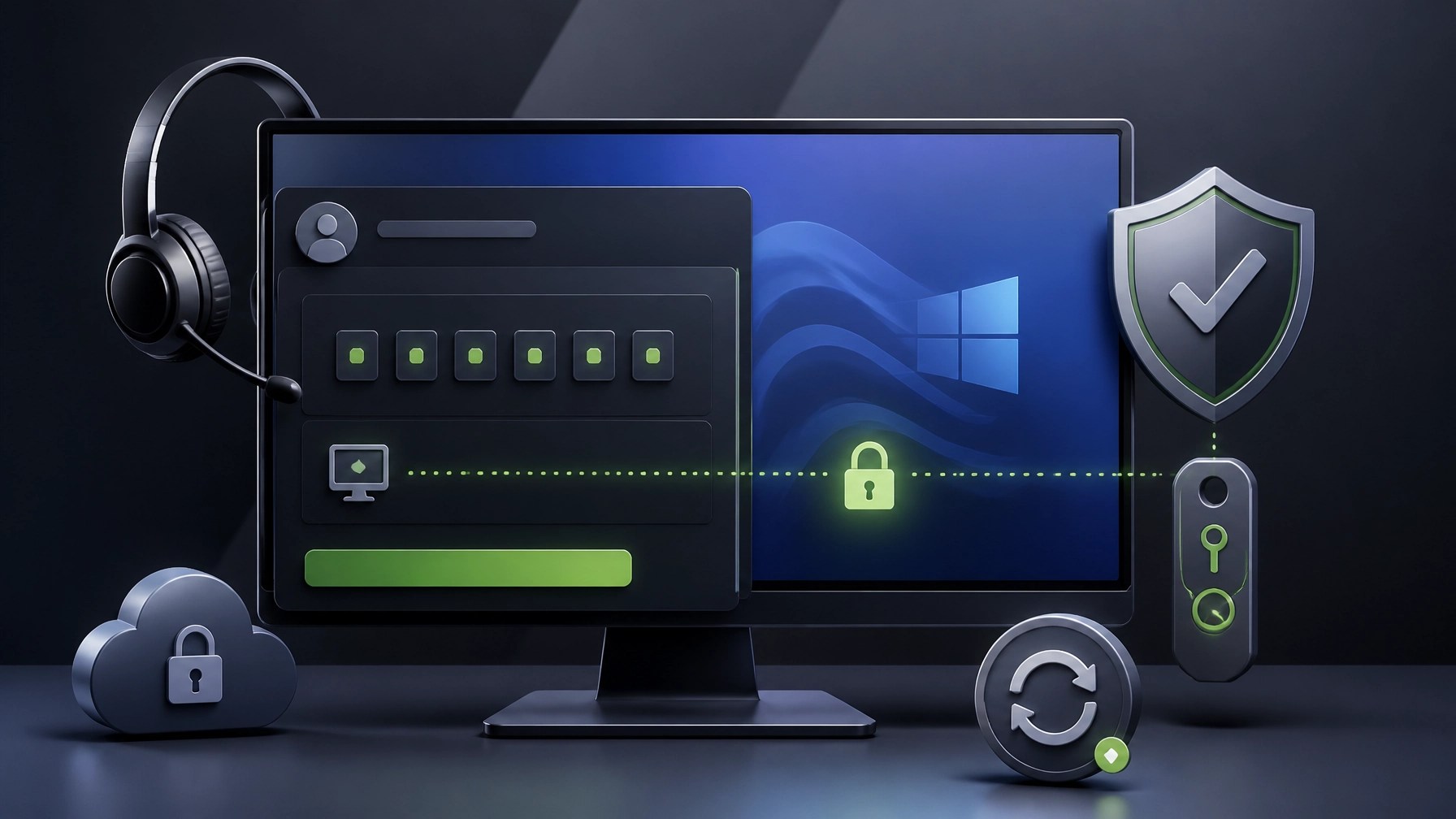 Secure remote support illustration with a monitor, shield, MFA key, and encrypted connection
