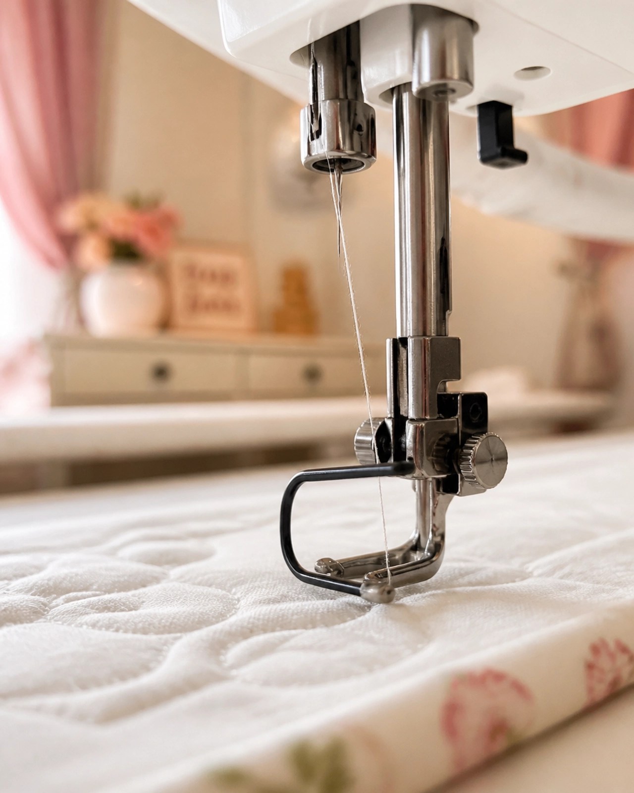 Close up of the needle and hook area on a longarm