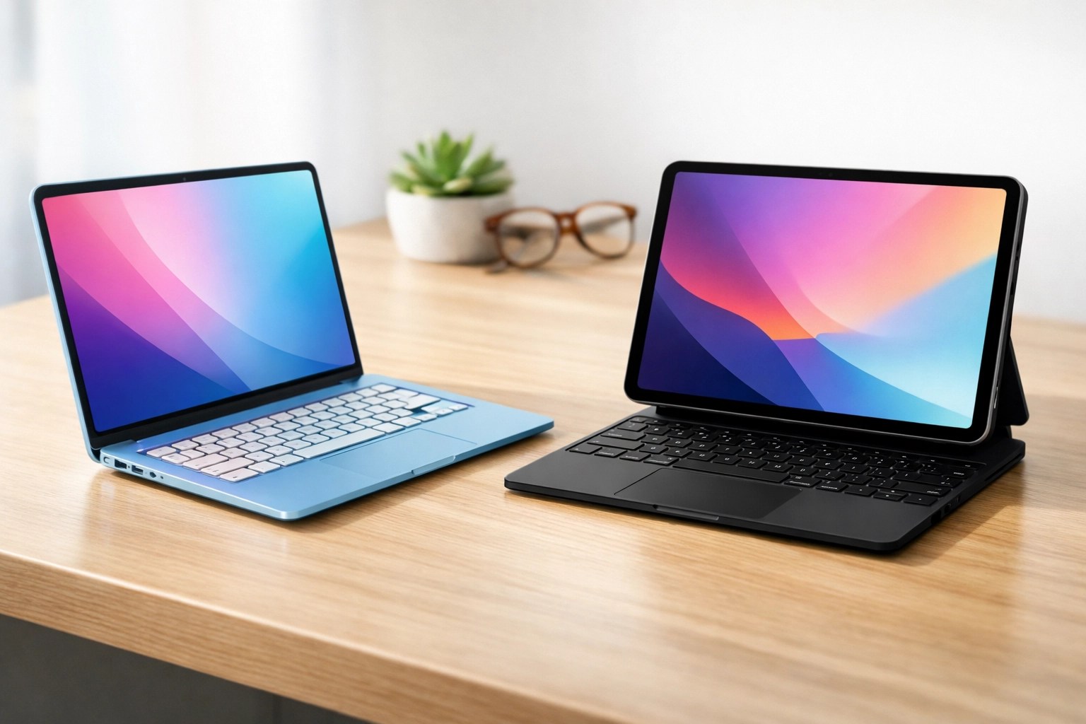 Comparison of a blue MacBook Neo and an iPad Pro with Magic Keyboard highlighting their similar designs.