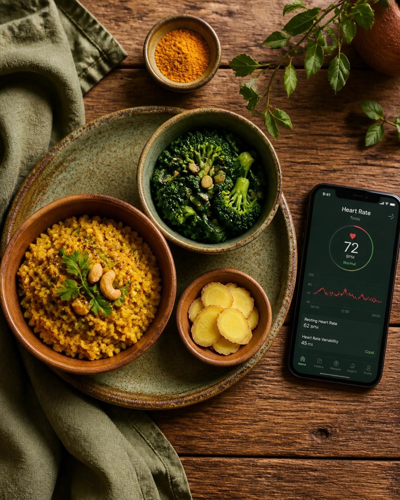 A top-down view of a balanced Ayurvedic meal alongside a smartphone displaying health data