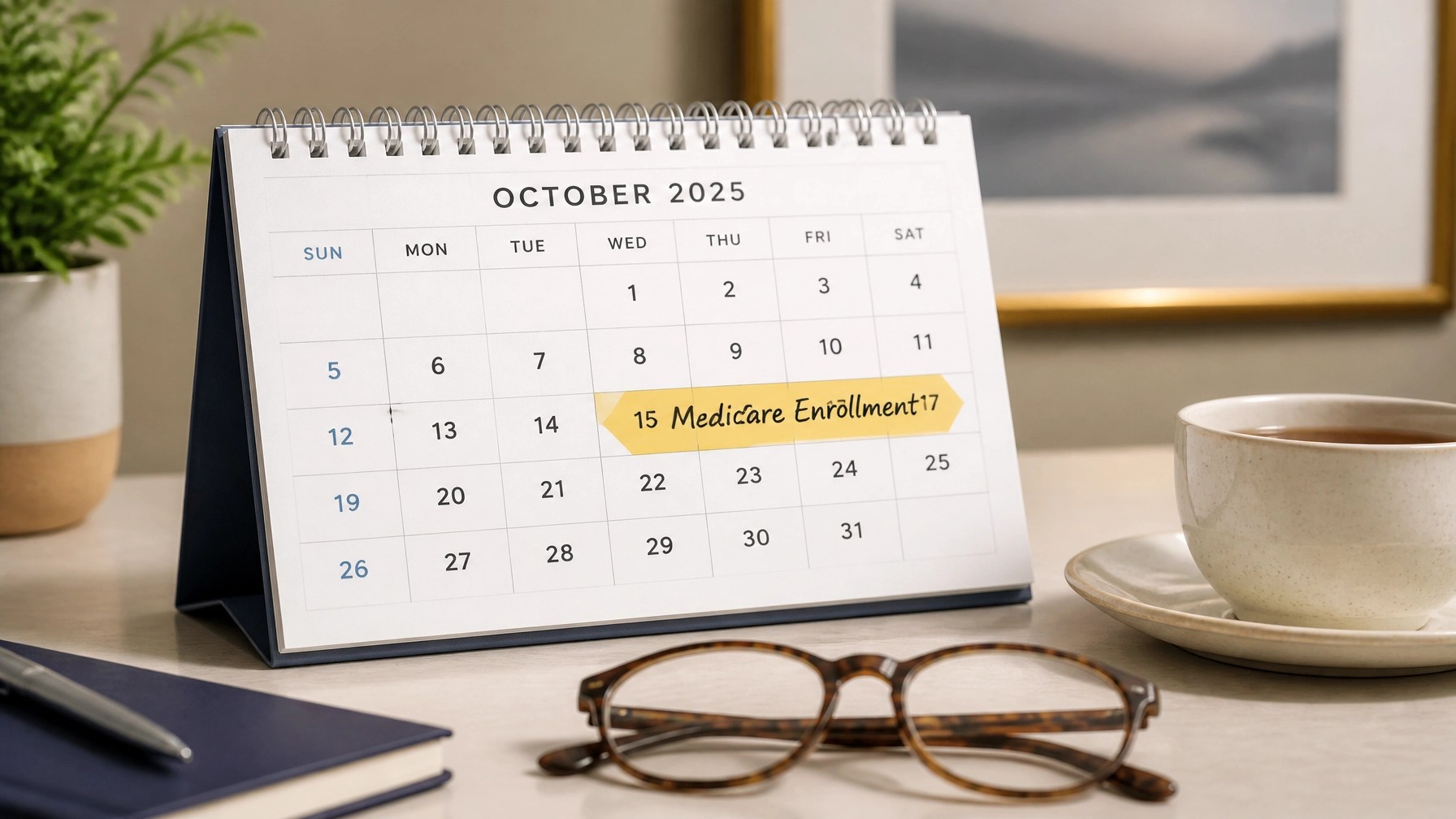 Desk calendar with Medicare Enrollment highlighted