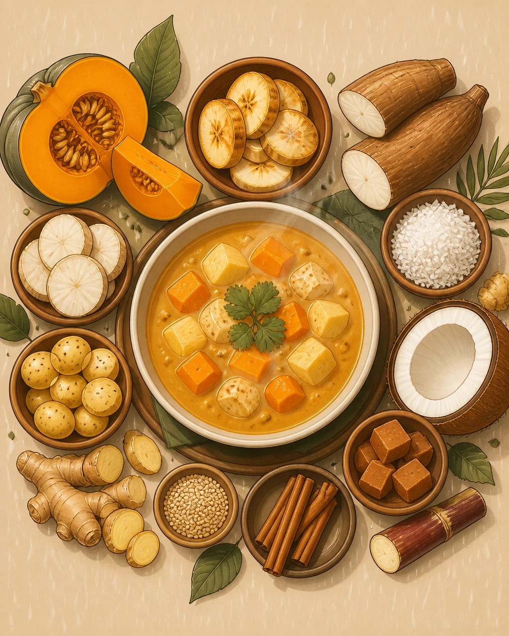 Alimentos colombianos para una alimentación ayurvédica de Vata, como ahuyama, plátano maduro, raíces, tubérculos, coco, panela, canela y jengibre