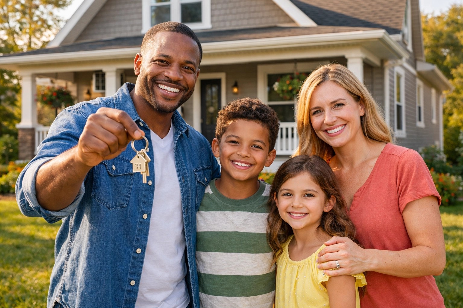 Happy family holding keys in front of their new Hamilton area home after successful purchase