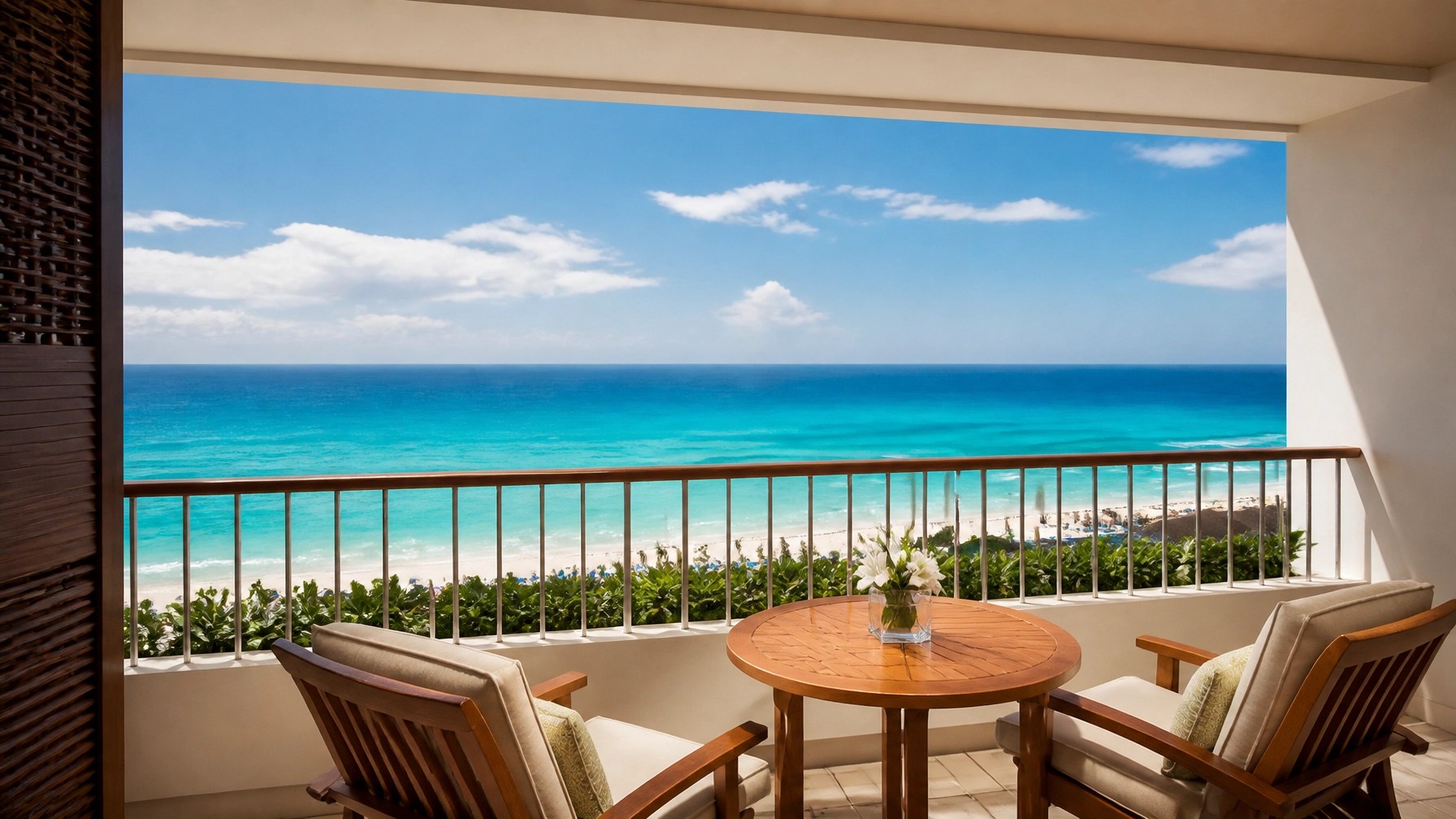 A luxury cruise ship balcony overlooking the turquoise waters of Cozumel, Mexico