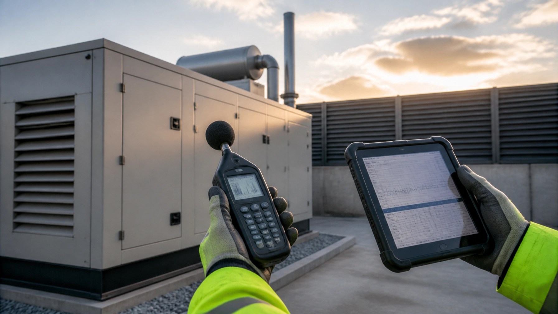 Field compliance inspection beside a generator enclosure using a sound level meter and tablet