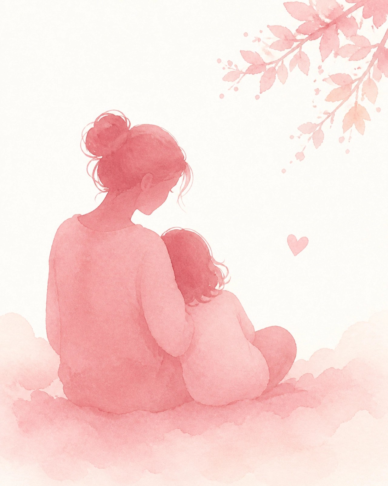 A soft watercolor silhouette of a mother and child sitting together in a moment of rest. The color palette features blush pink and soft rose.