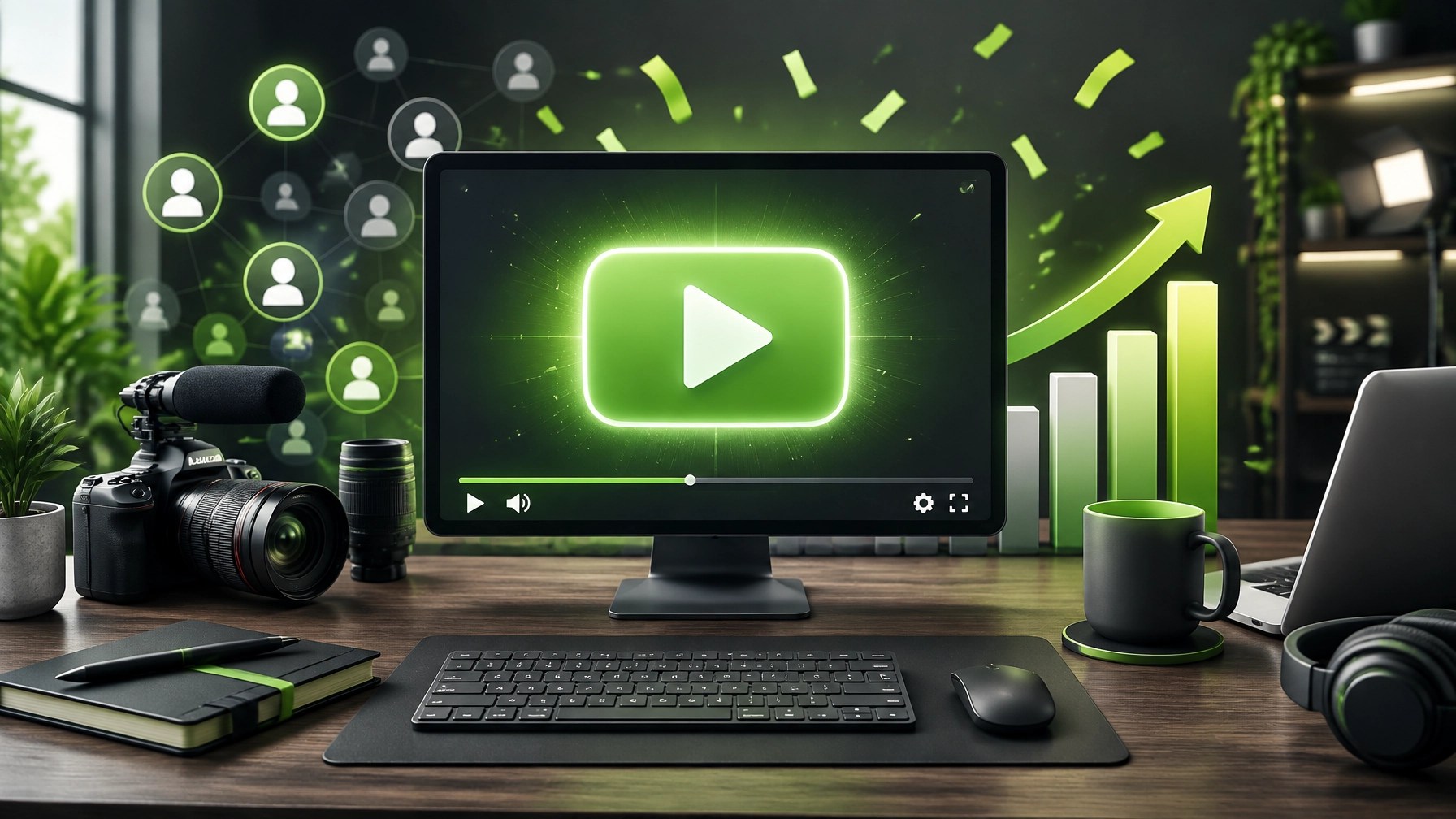 Technology media channel milestone illustration with a glowing video screen, analytics bars, camera gear, and green accents
