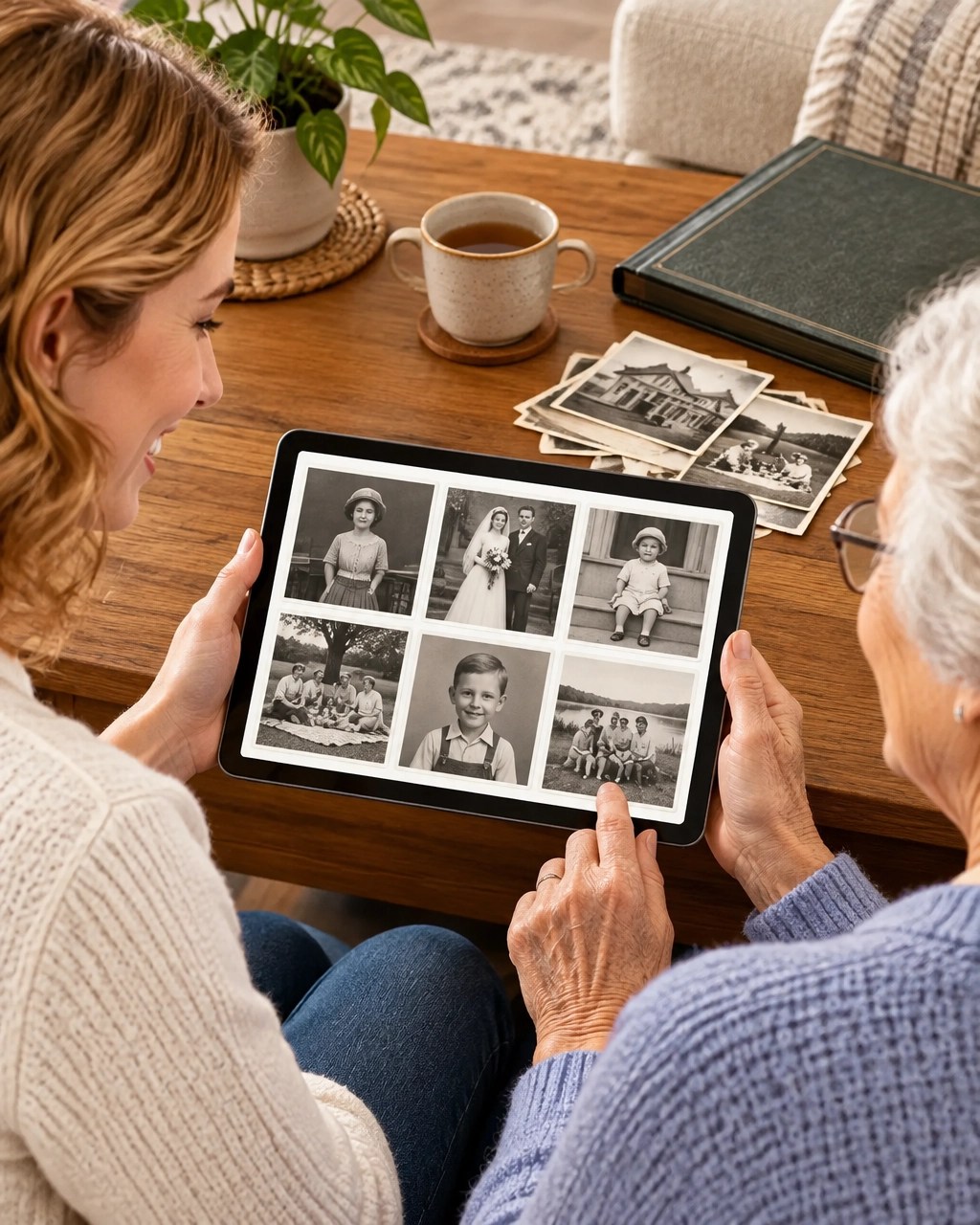 Family members sharing vintage family photographs on a tablet