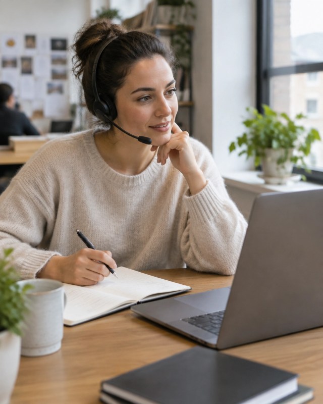An account manager listens on a client call and reviews notes beside a laptop.