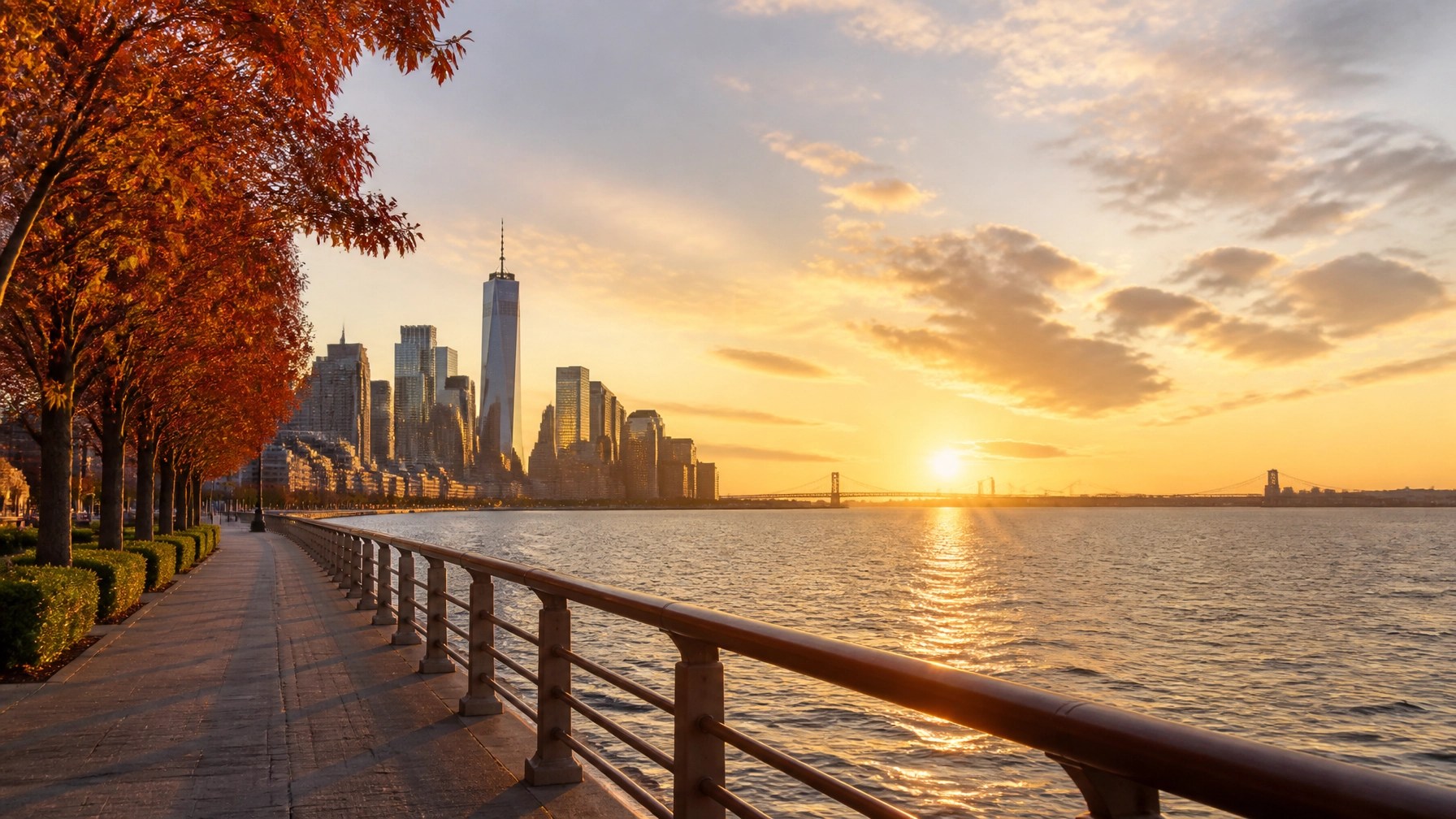 Autumn sunset over the Hudson River with the Manhattan skyline and waterfront promenade