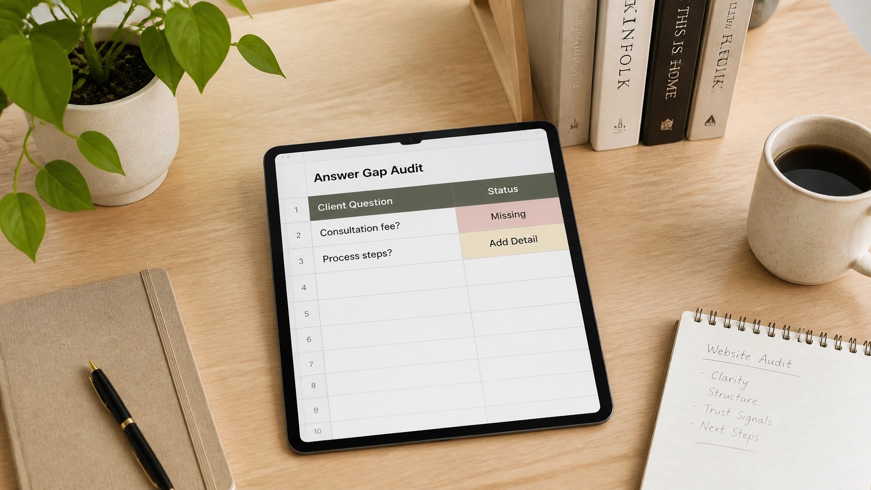 A minimalist desk featuring a content gap analysis checklist on a tablet, helping a small service business identify missing answers on their website. content gap analysis for small business