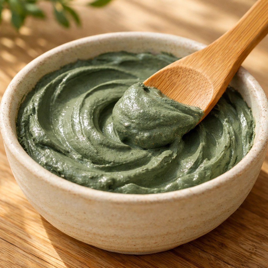Healing green clay paste in a ceramic bowl with a bamboo spatula to maintain its mineral charge.