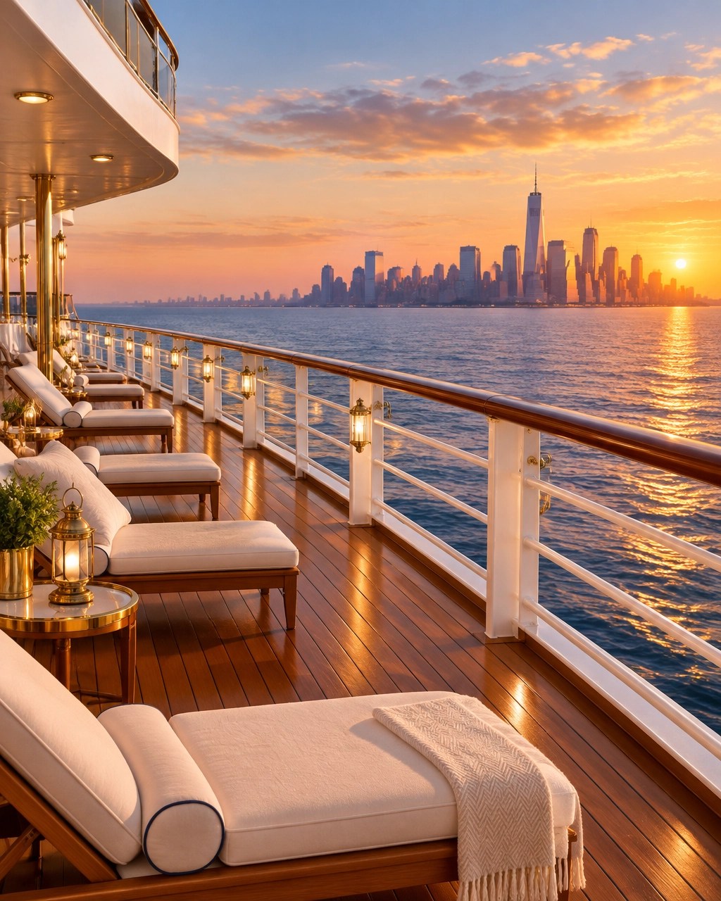 Elegant empty cruise promenade at sunset with polished teak, cream deck chairs, and ocean views