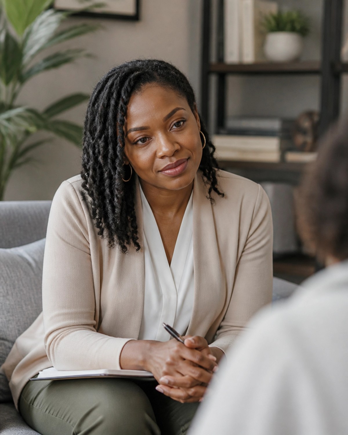 A Black woman therapist in a warm, inviting office, demonstrating the supportive and professional environment provided at Legacy Family Services.