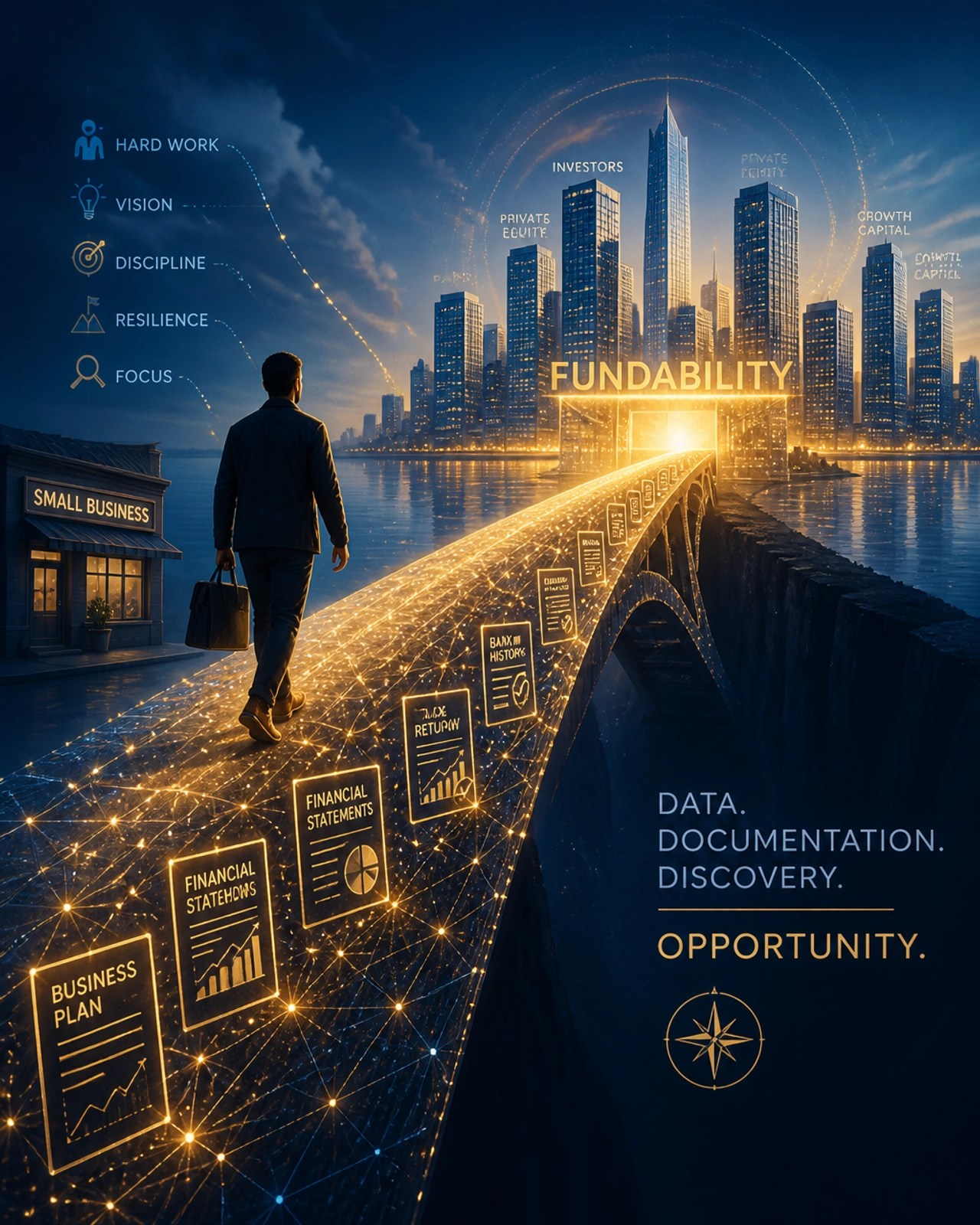 A conceptual image of a bridge made of data points connecting a business owner to a modern financial skyline.