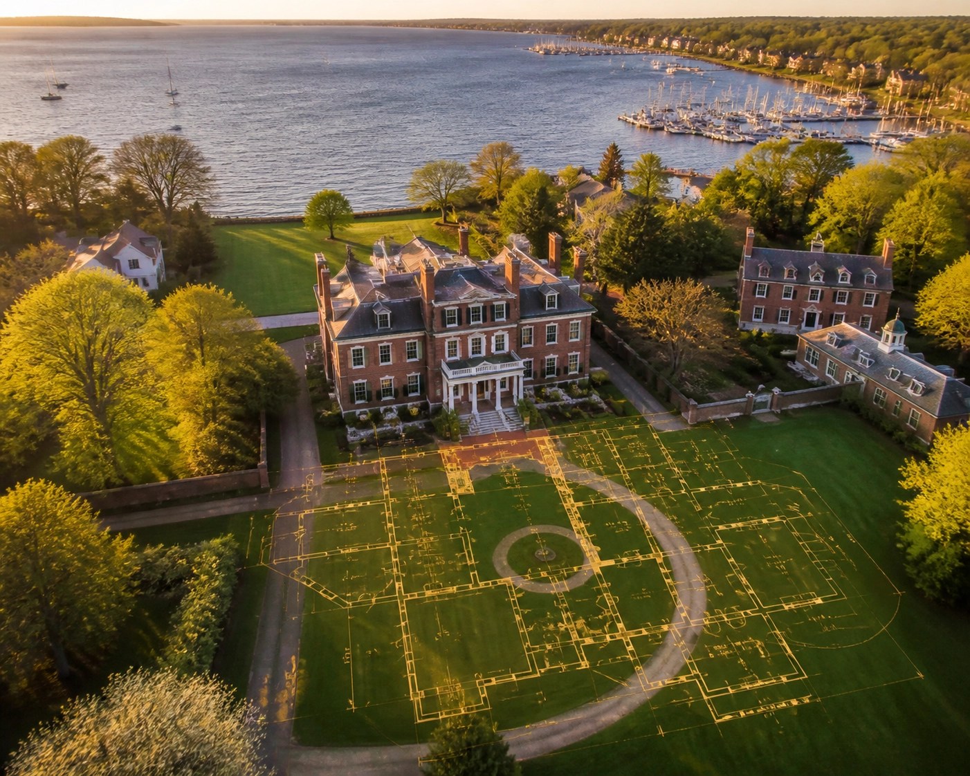Aerial view of an Annapolis waterfront estate with a golden blueprint overlay for strategic real estate investment.