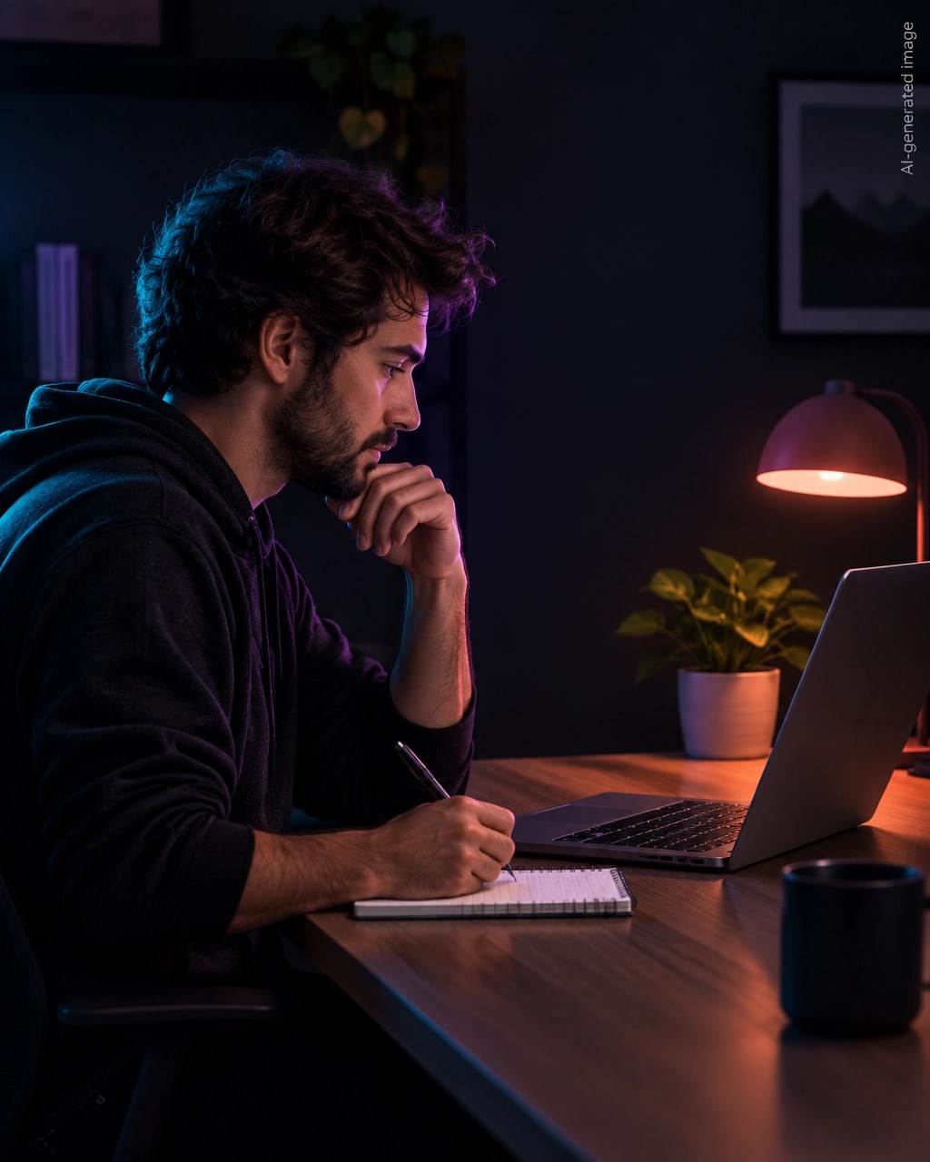 Solo founder taking notes beside a laptop while improving a webpage
