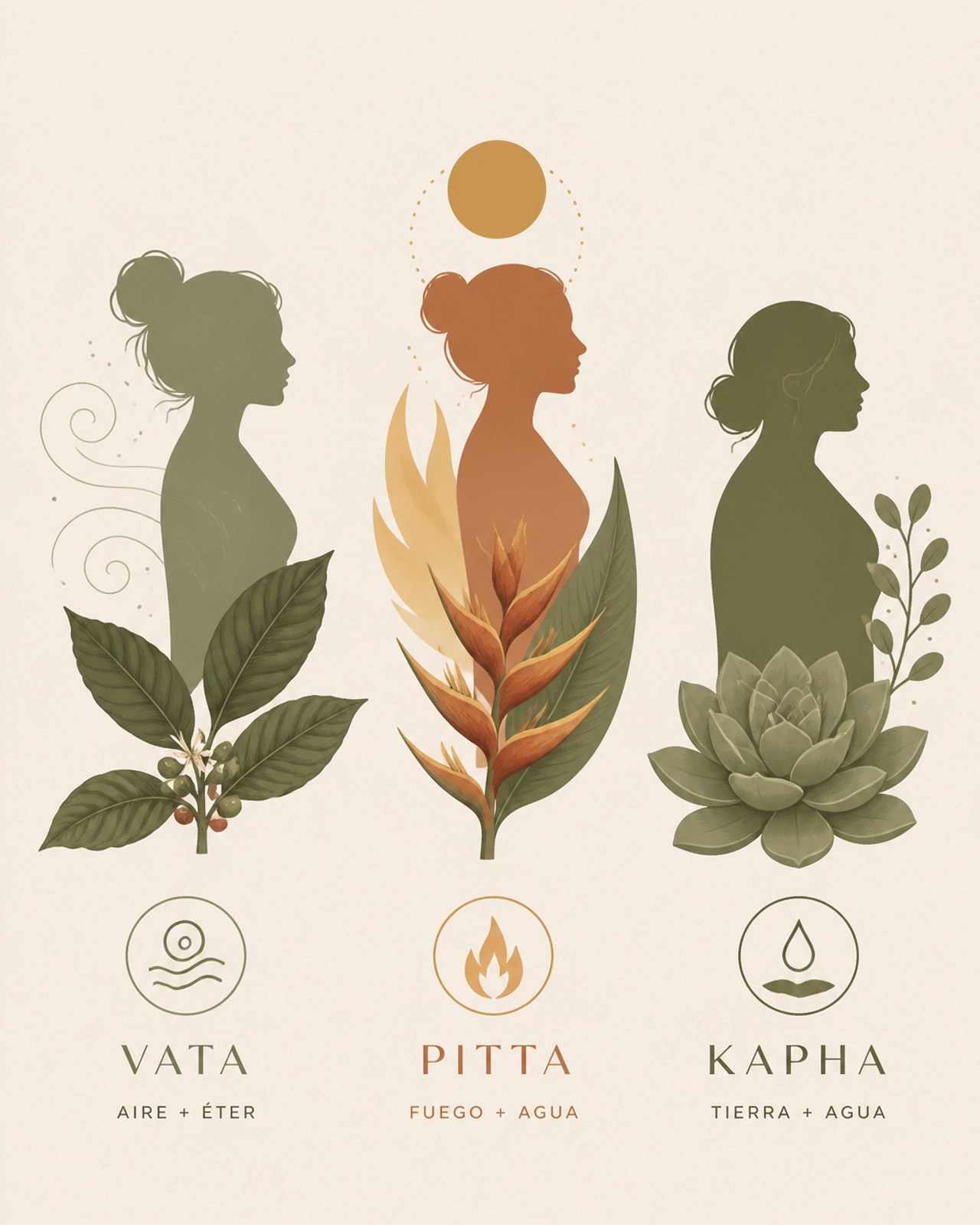 Ilustración digital de los tres doshas asociados con flora tropical colombiana