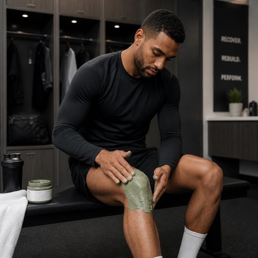 Athlete applying green clay to a knee injury