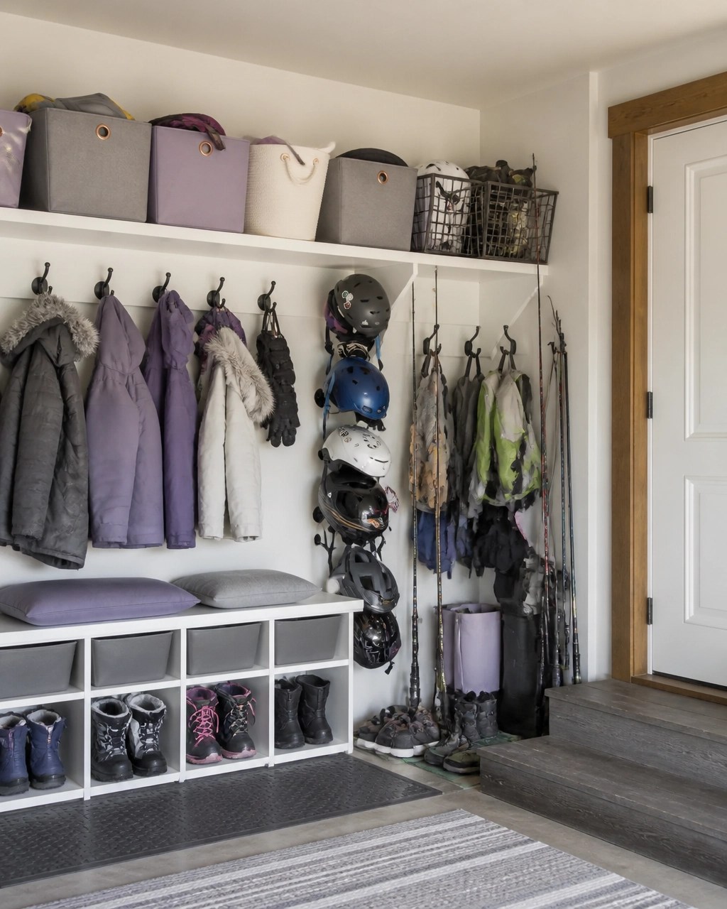 Seasonal gear swap in an organized Montana mudroom and garage entry
