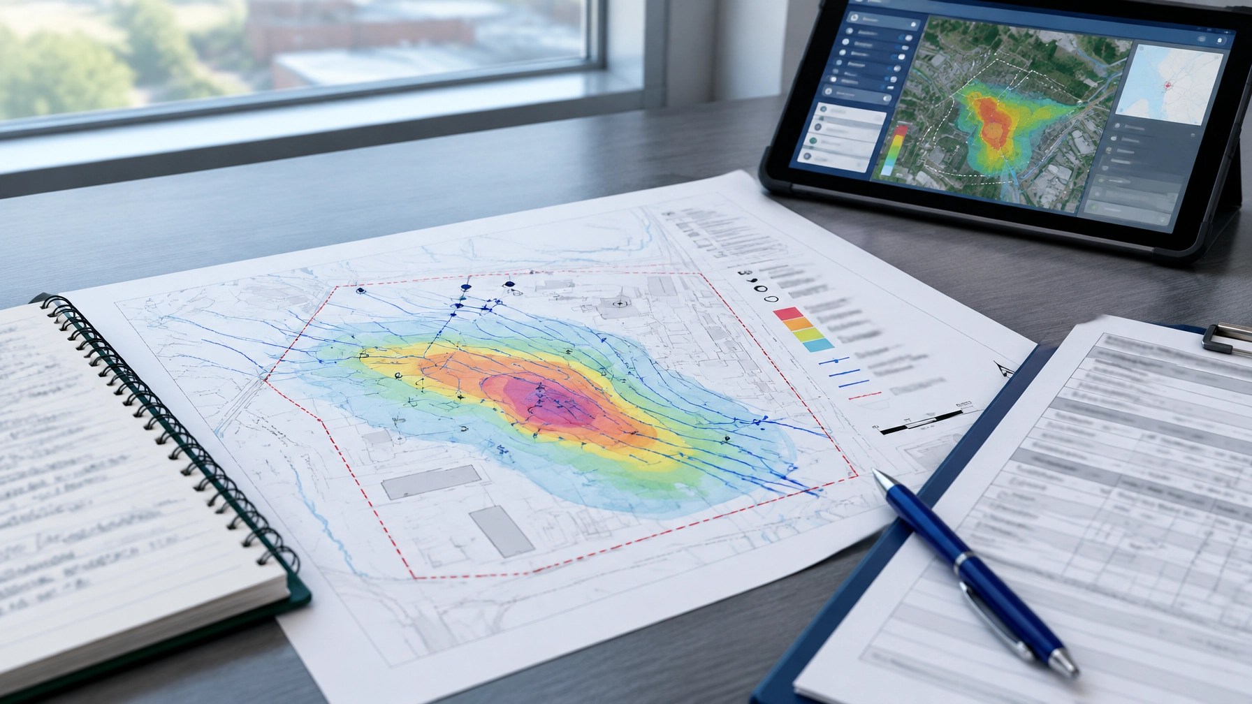 Technical brownfield application review with site plans, contamination mapping, and environmental field documentation