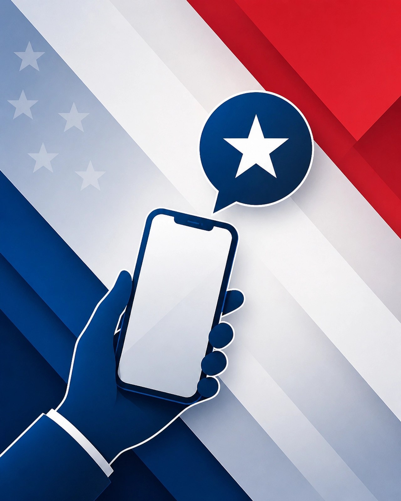 A modern, minimalistic illustration of a hand holding a smartphone with a speech bubble, representing the call to action to contact representatives.