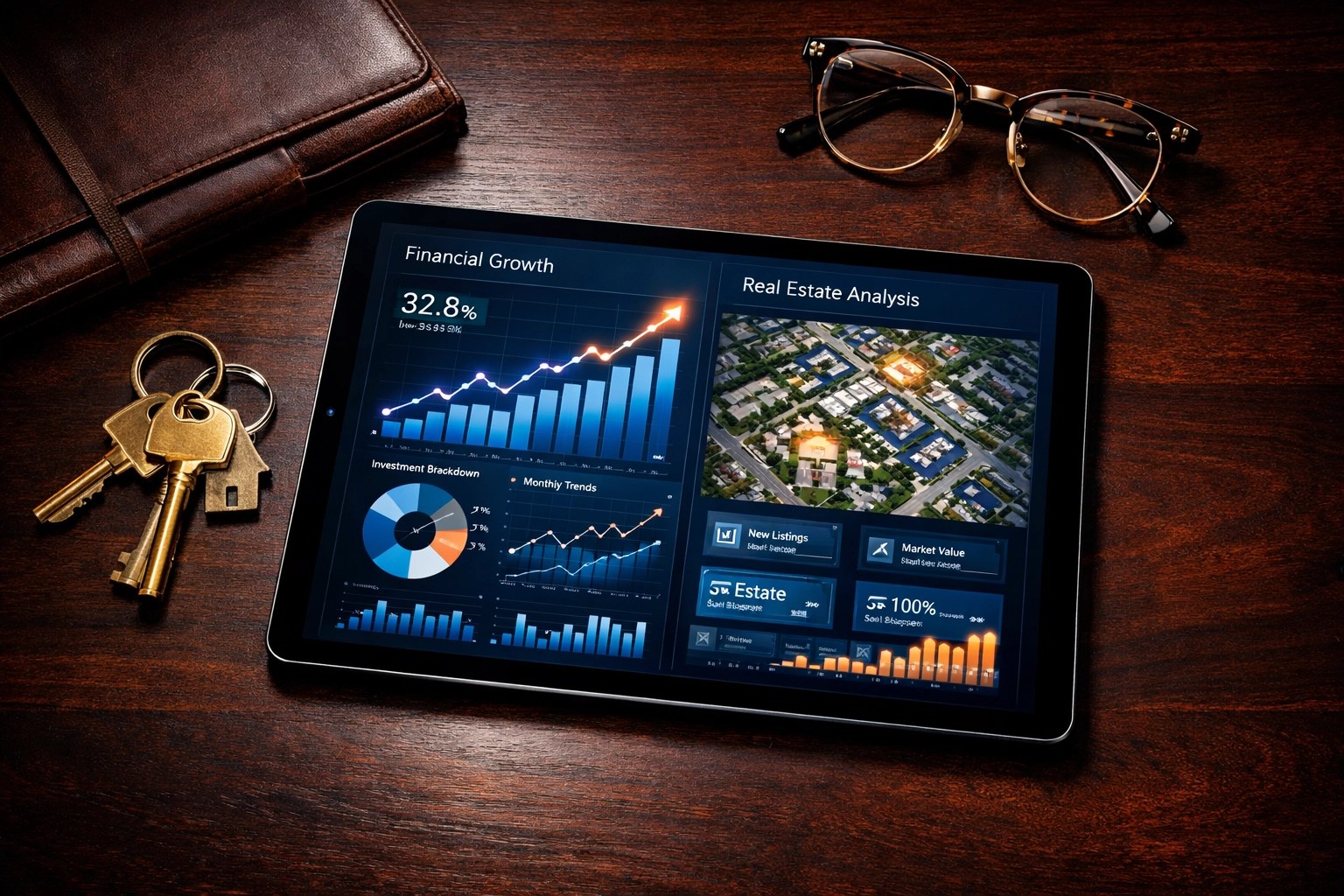Professional real estate investment workspace featuring market analysis charts and house keys.