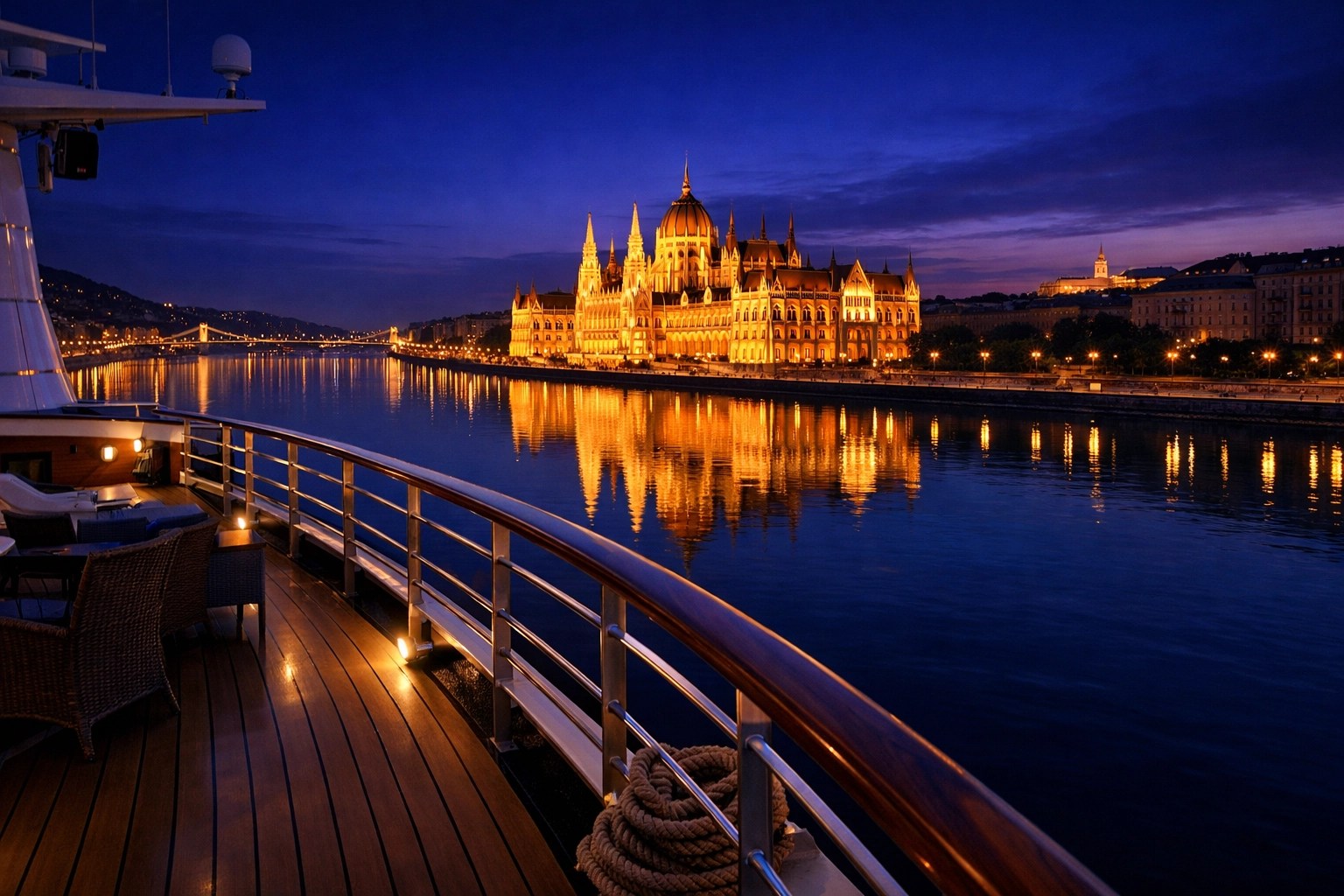 Stunning twilight view of Budapest Parliament from the deck of a top-rated river cruise for seniors.