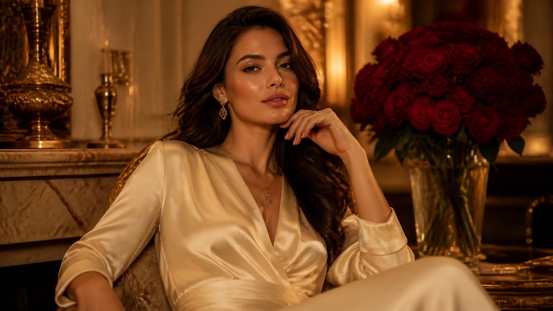 Woman embodying magnetic feminine energy in a luxurious evening sanctuary