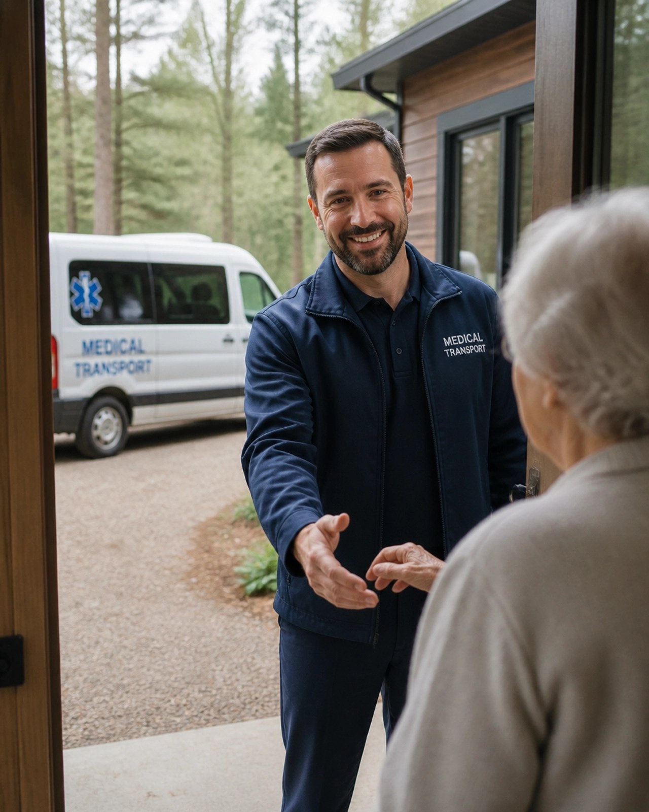A professional driver assisting an elderly patient at their front door in a remote area