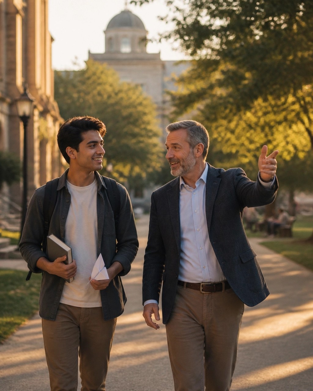 Student and mentor walking together on a sunlit university pathway with books and a paper plane