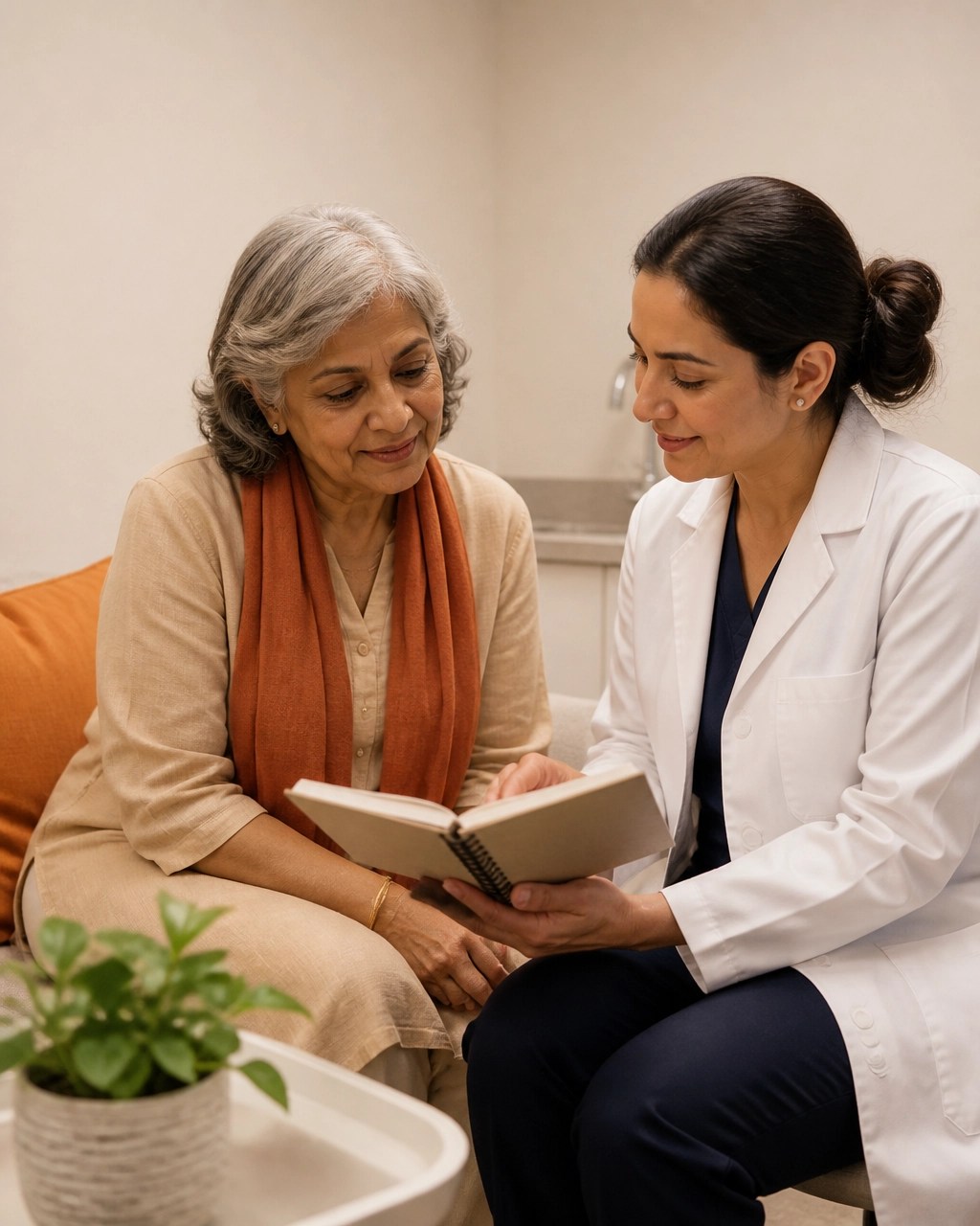 South Asian woman in her 60s reviewing a symptom journal with a nurse practitioner during a calm healthcare consultation