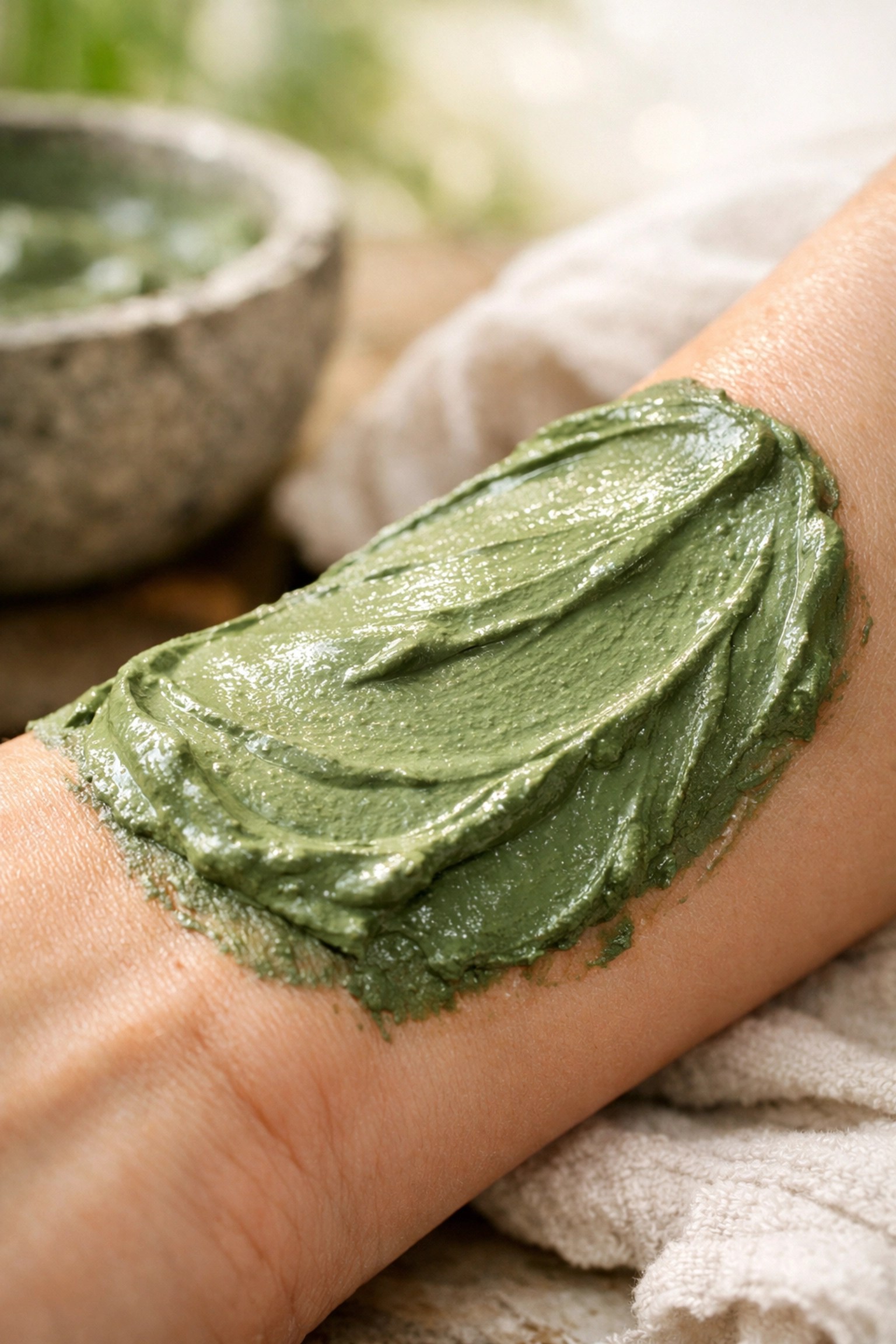 Thick layer of healing green clay paste applied to a wrist for natural pain relief.