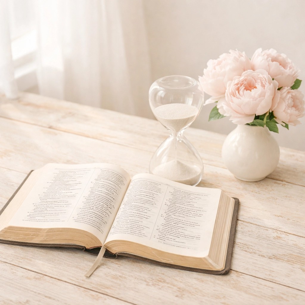 Open Bible with an hourglass and pink flowers on a wooden table, symbolizing grace and timing in every season.