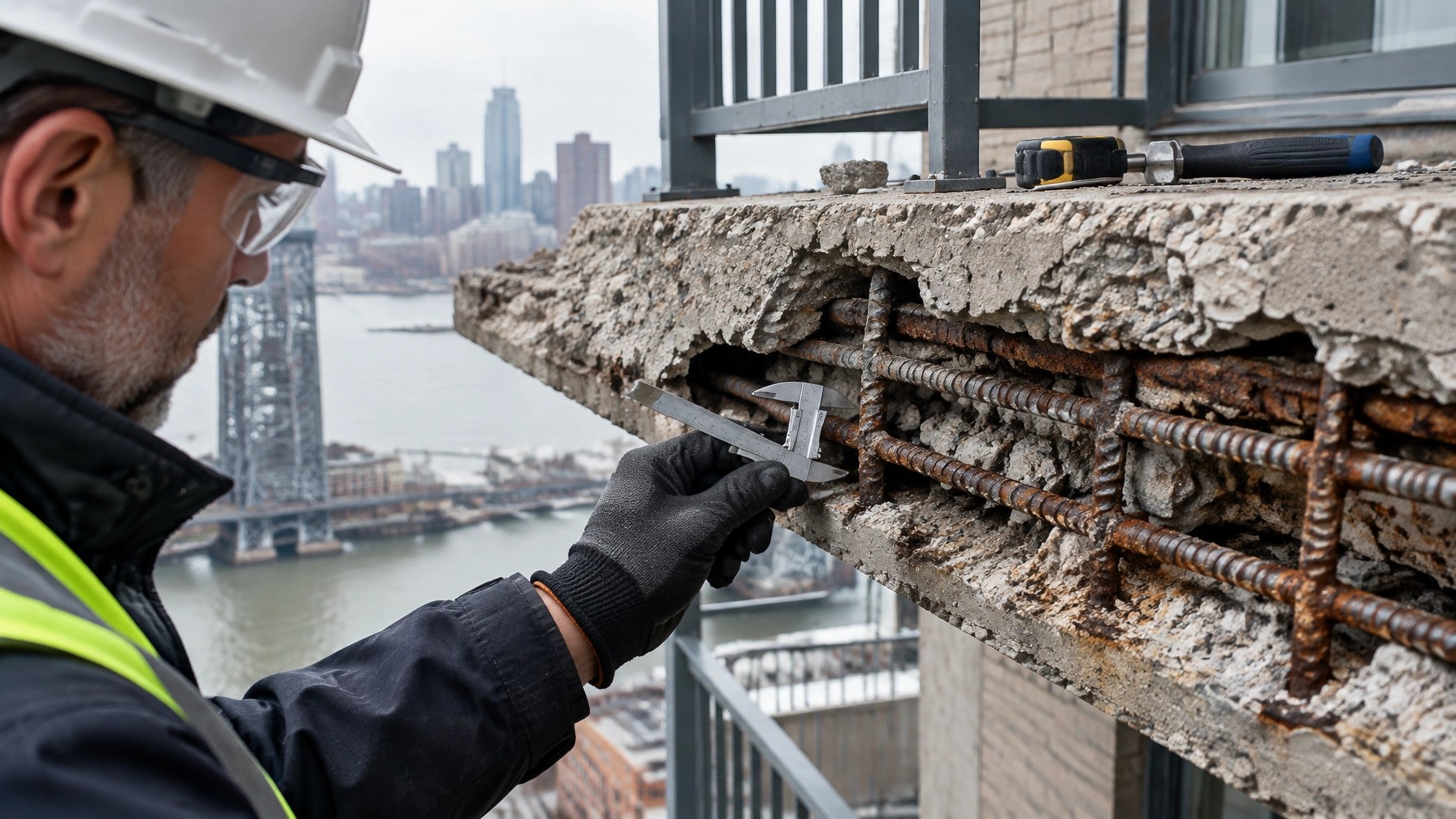 Structural engineer documenting concrete balcony slab and reinforcement conditions in an older Hudson County condominium