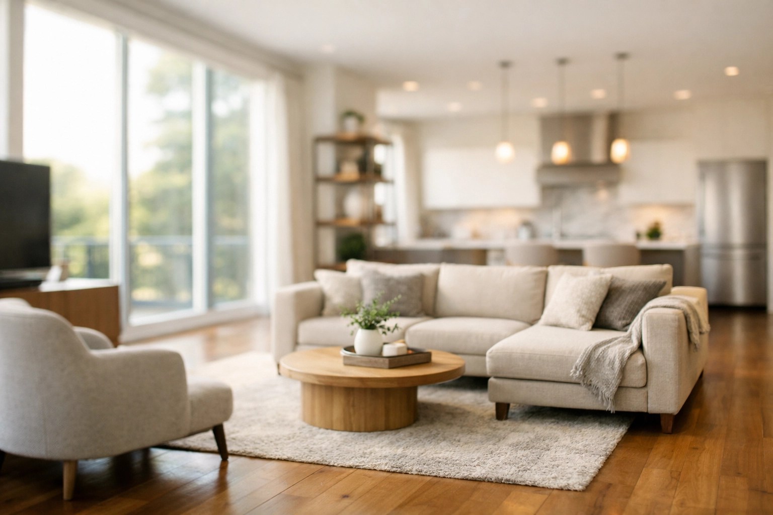 Modern open-concept living room in a high-end Greene County home for sale, ideal for relocating professionals.