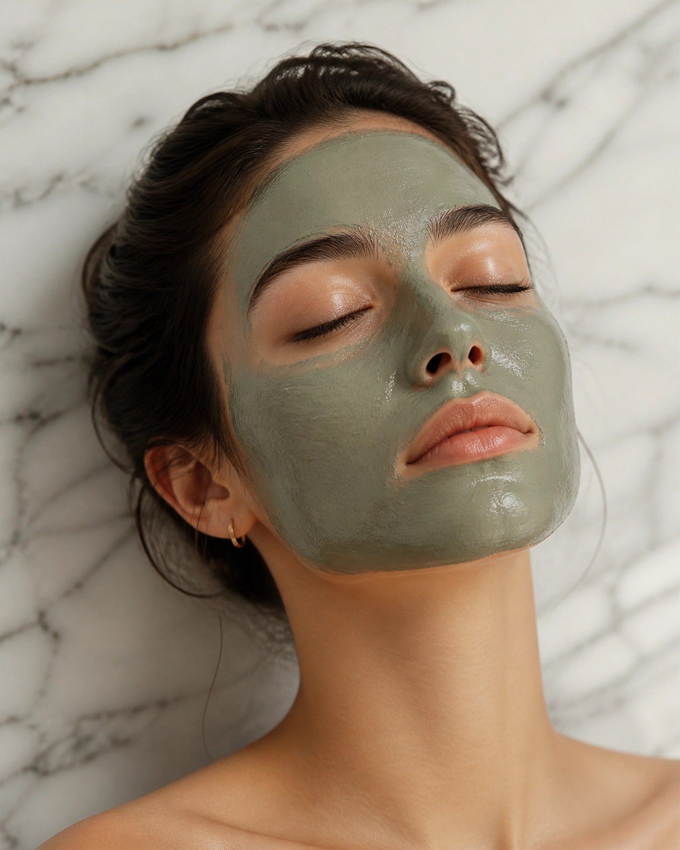 A soothing green clay face mask applied to sensitive skin for a purifying and natural beauty detox.