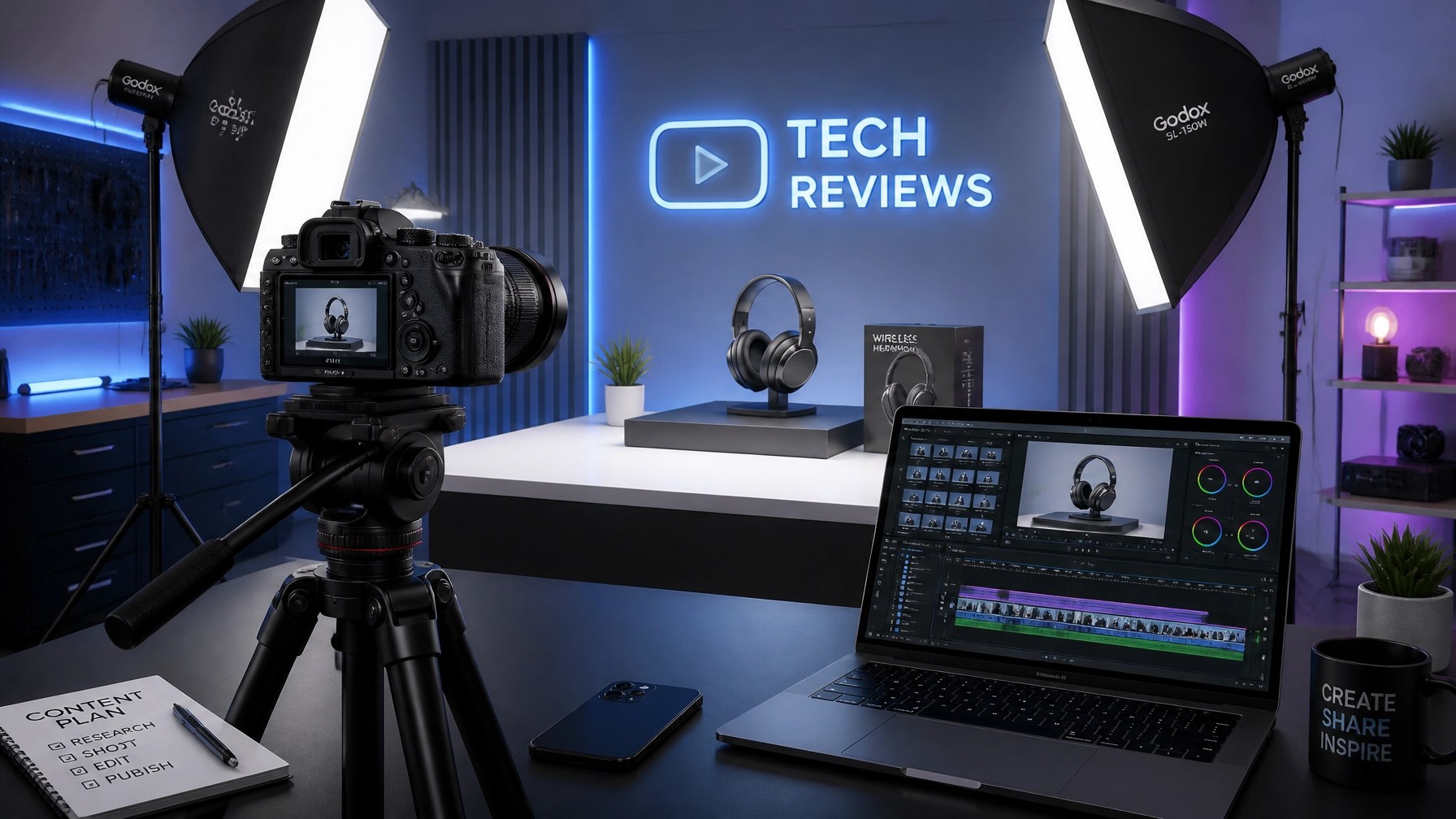 Professional video production setup for electronics reviews