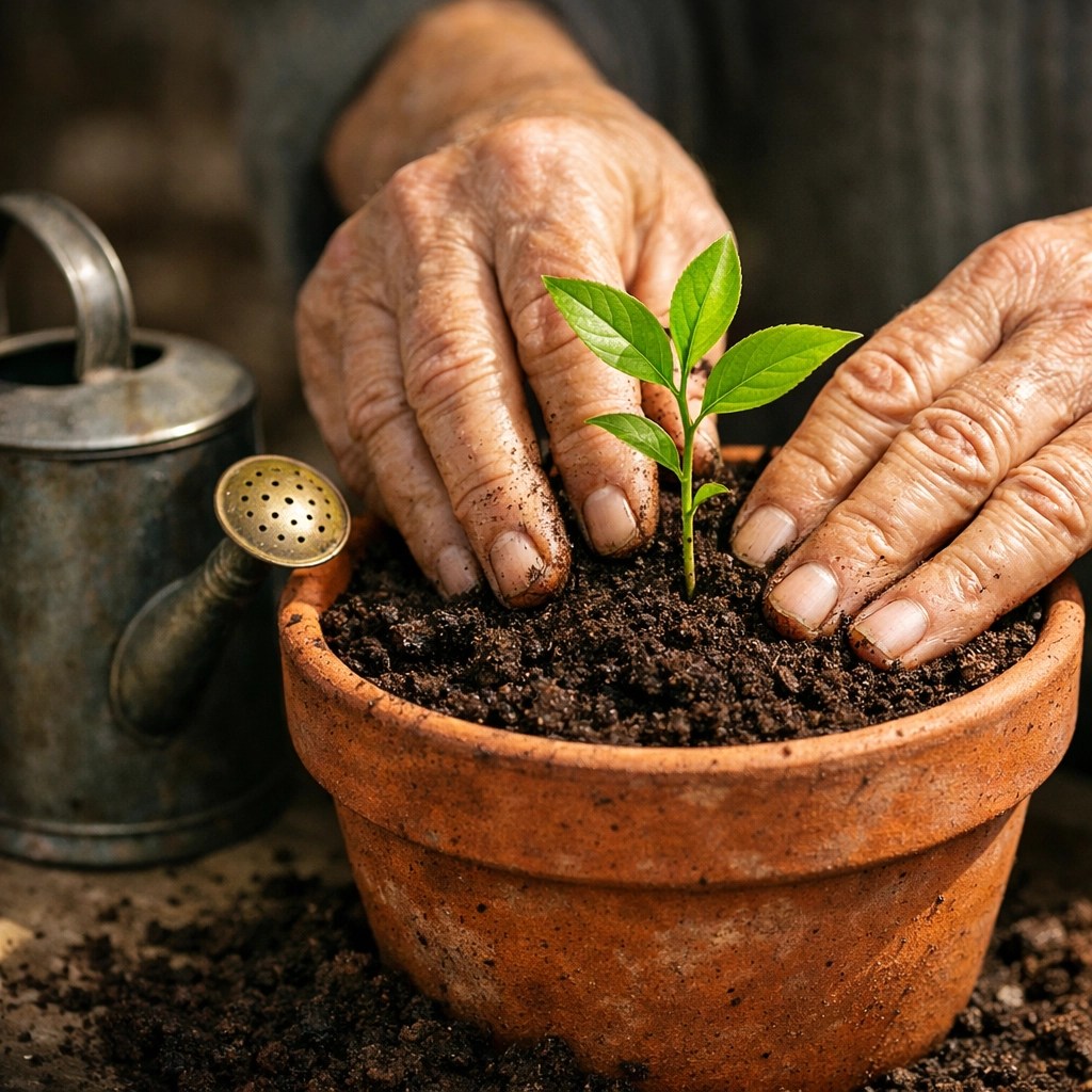 Senior hands planting a sapling to represent final expense insurance cash value growth