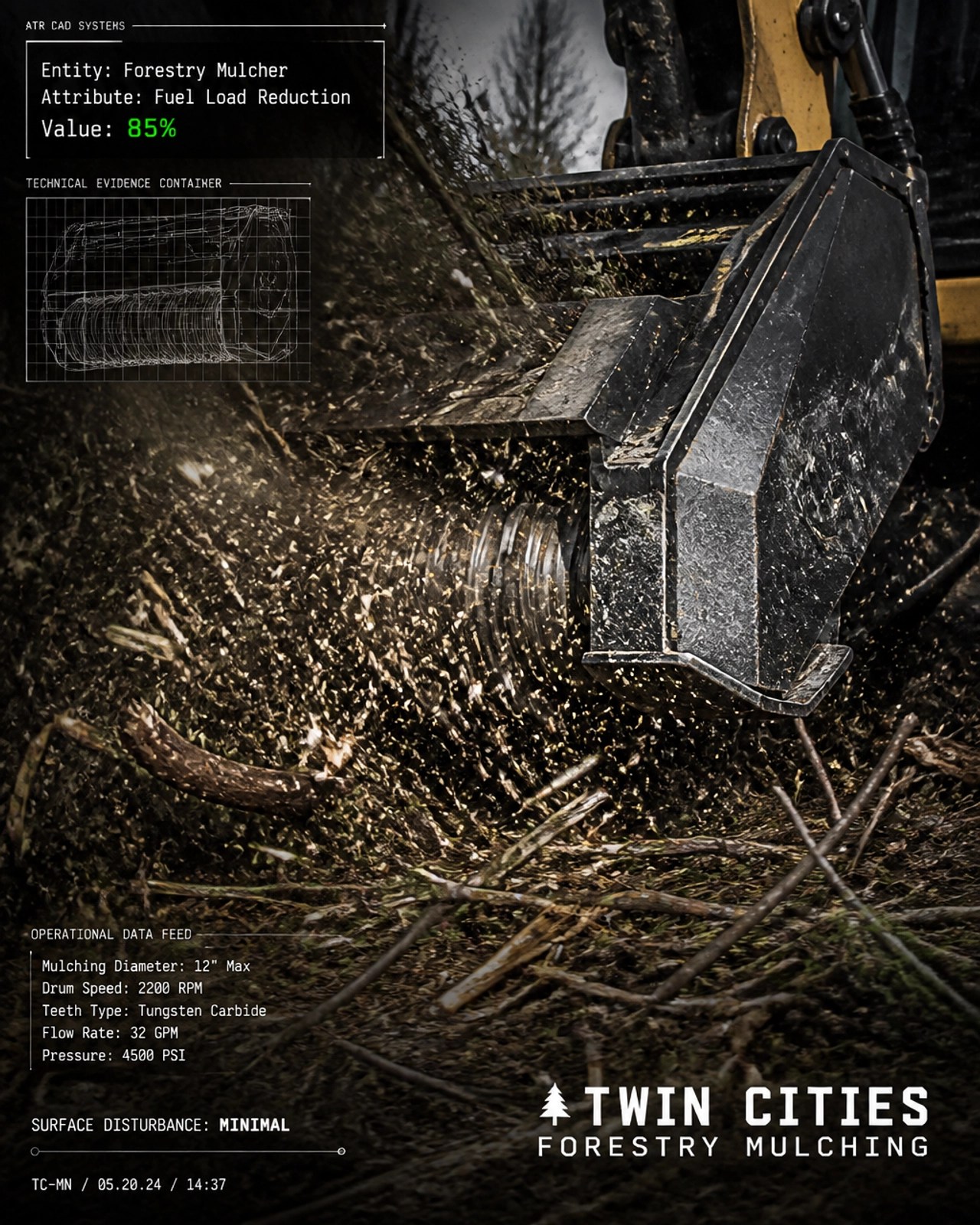 High-action close-up of mulcher shredding brush in Twin Cities with wood chip explosion and ATR overlay for technical evidence.