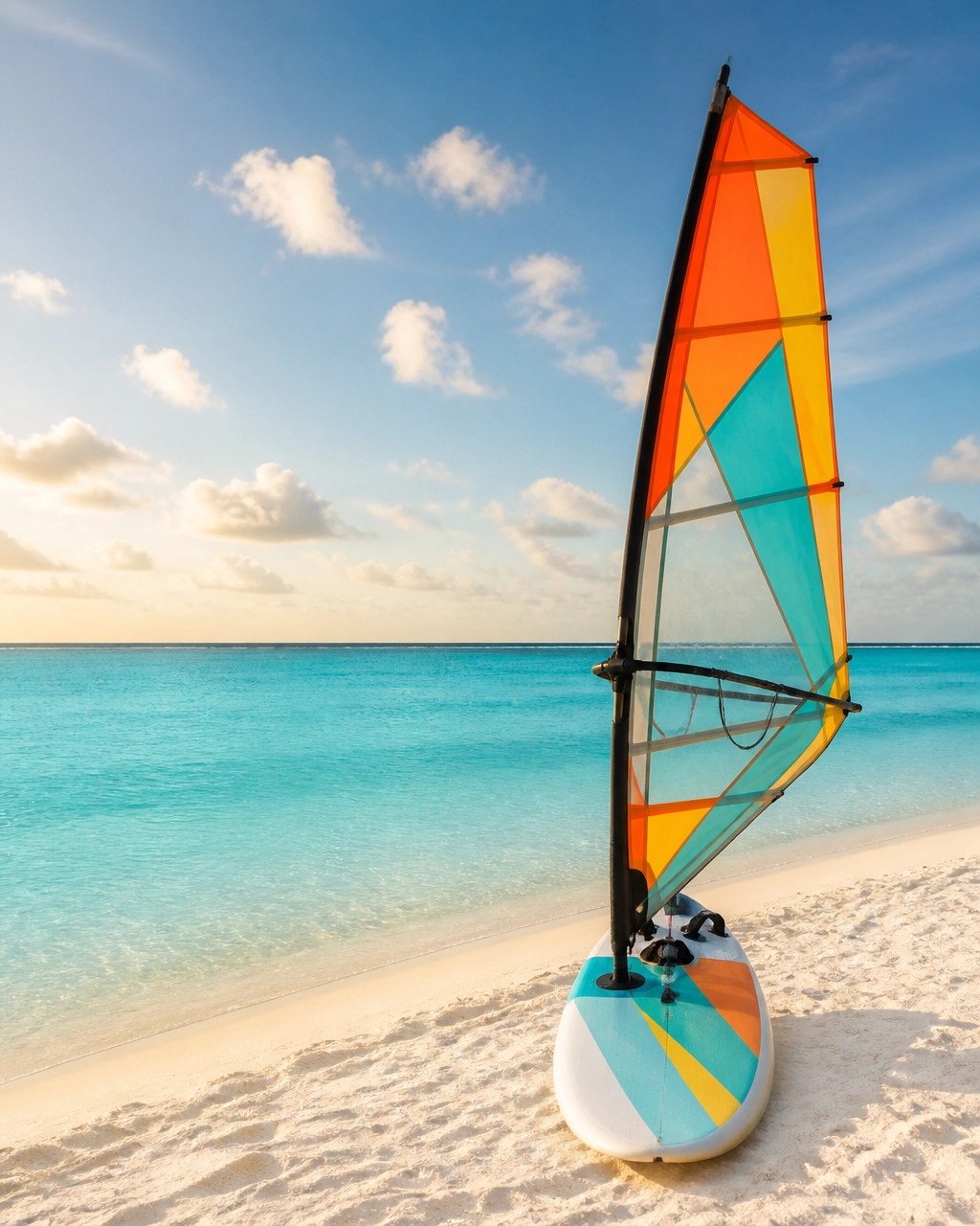 Colorful windsurfing equipment resting on Aruba’s bright turquoise shoreline