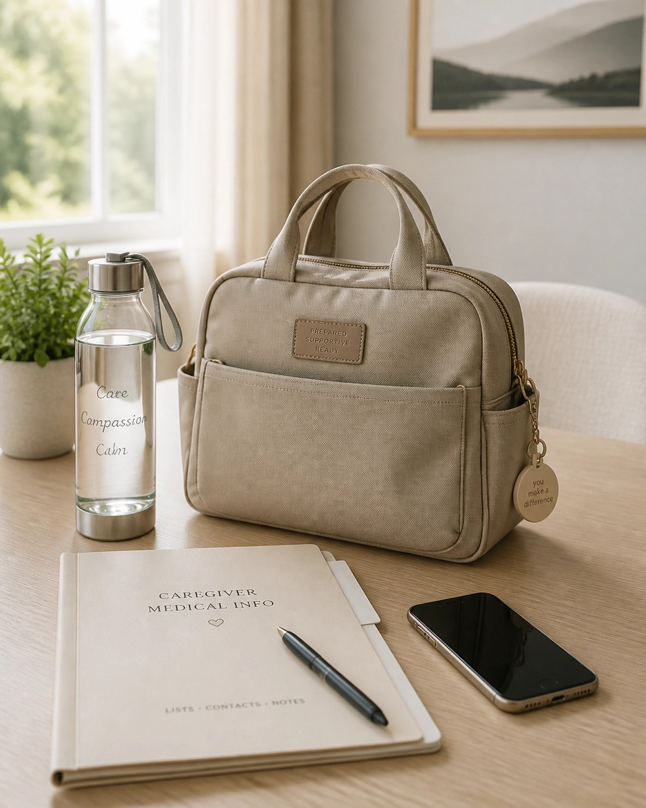Caregiver go-bag with essentials on a table