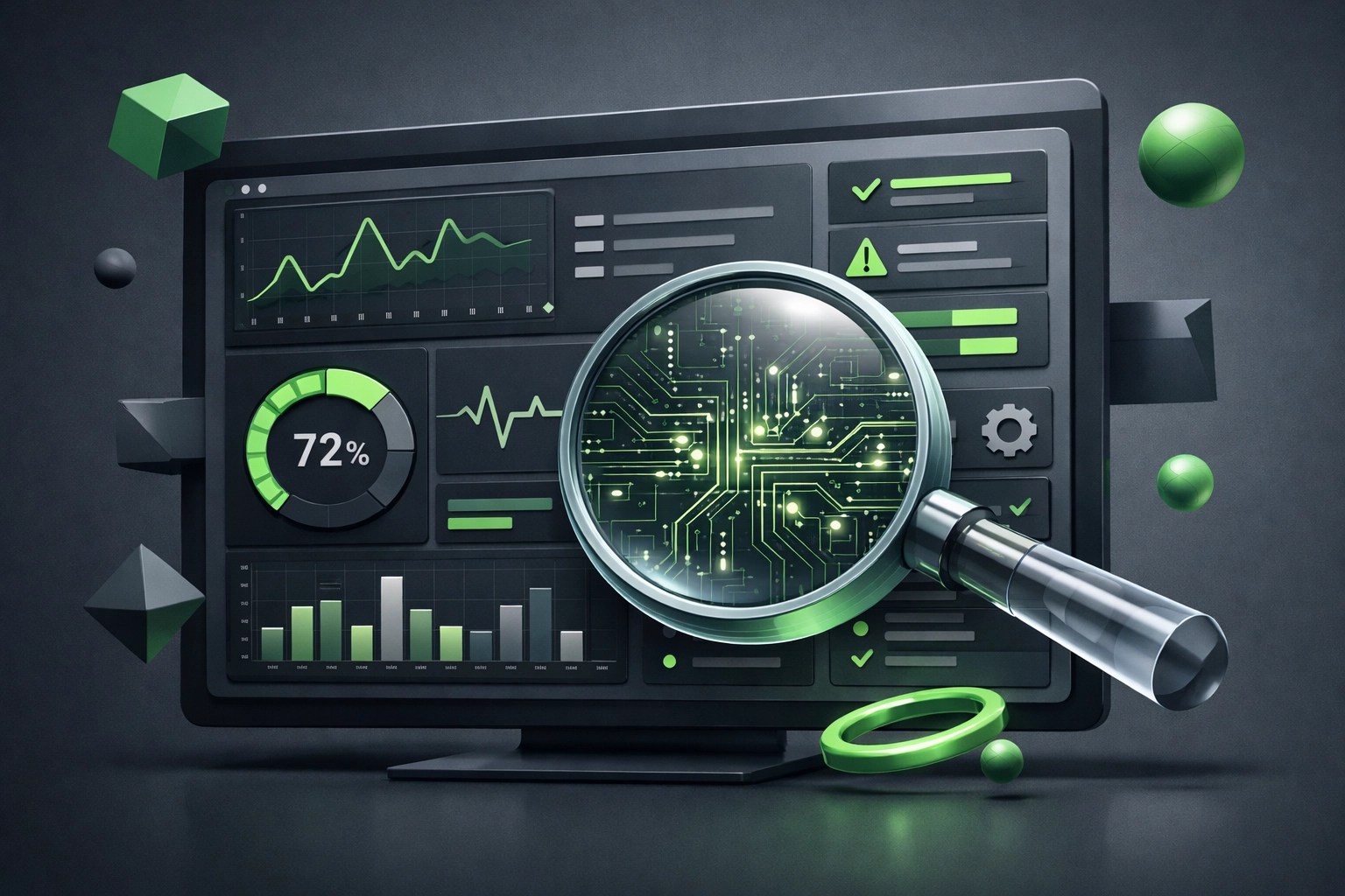 Digital diagnostic dashboard with a magnifying glass highlighting IT troubleshooting and system optimization.