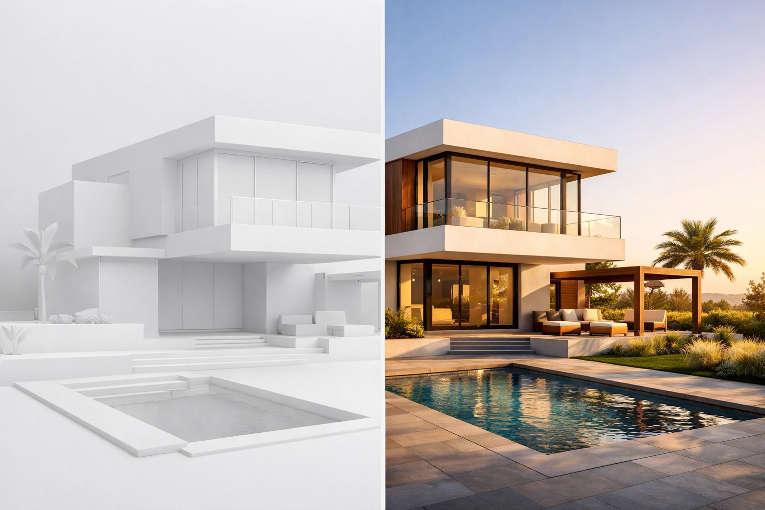 Comparison of white architectural model and photorealistic rendering of modern house
