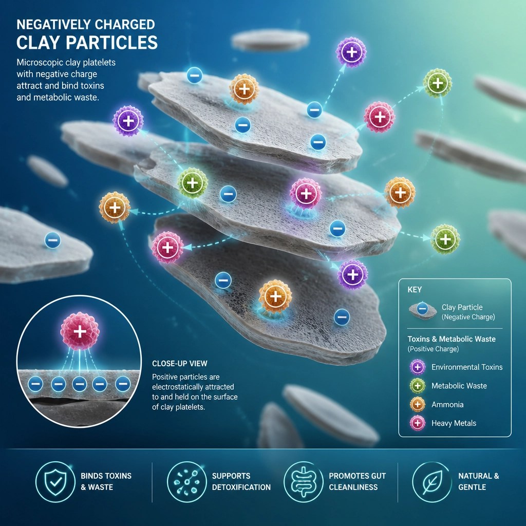 A stylized scientific illustration showing microscopic clay particles with a negative charge symbols attracting and binding small colorful particles representing toxins and metabolic waste.